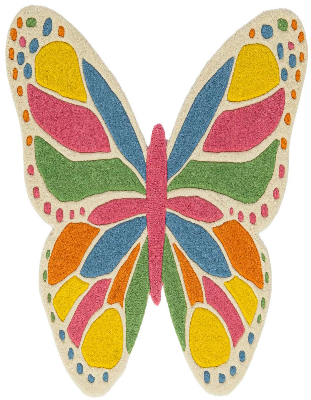 A vibrant multi-colored butterfly-shaped wool rug, featuring pink, blue, green, orange, and yellow patterns on a cream background.