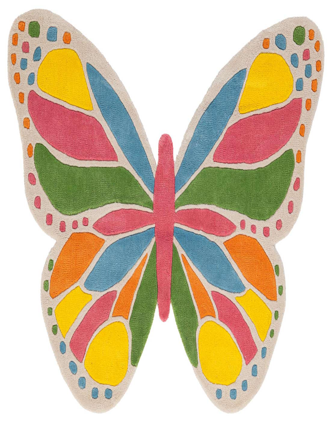 A vibrant, multi-colored butterfly-shaped rug with a pink body and wings featuring blue, green, yellow, orange, and pink segments, outlined in beige with small colorful dots.