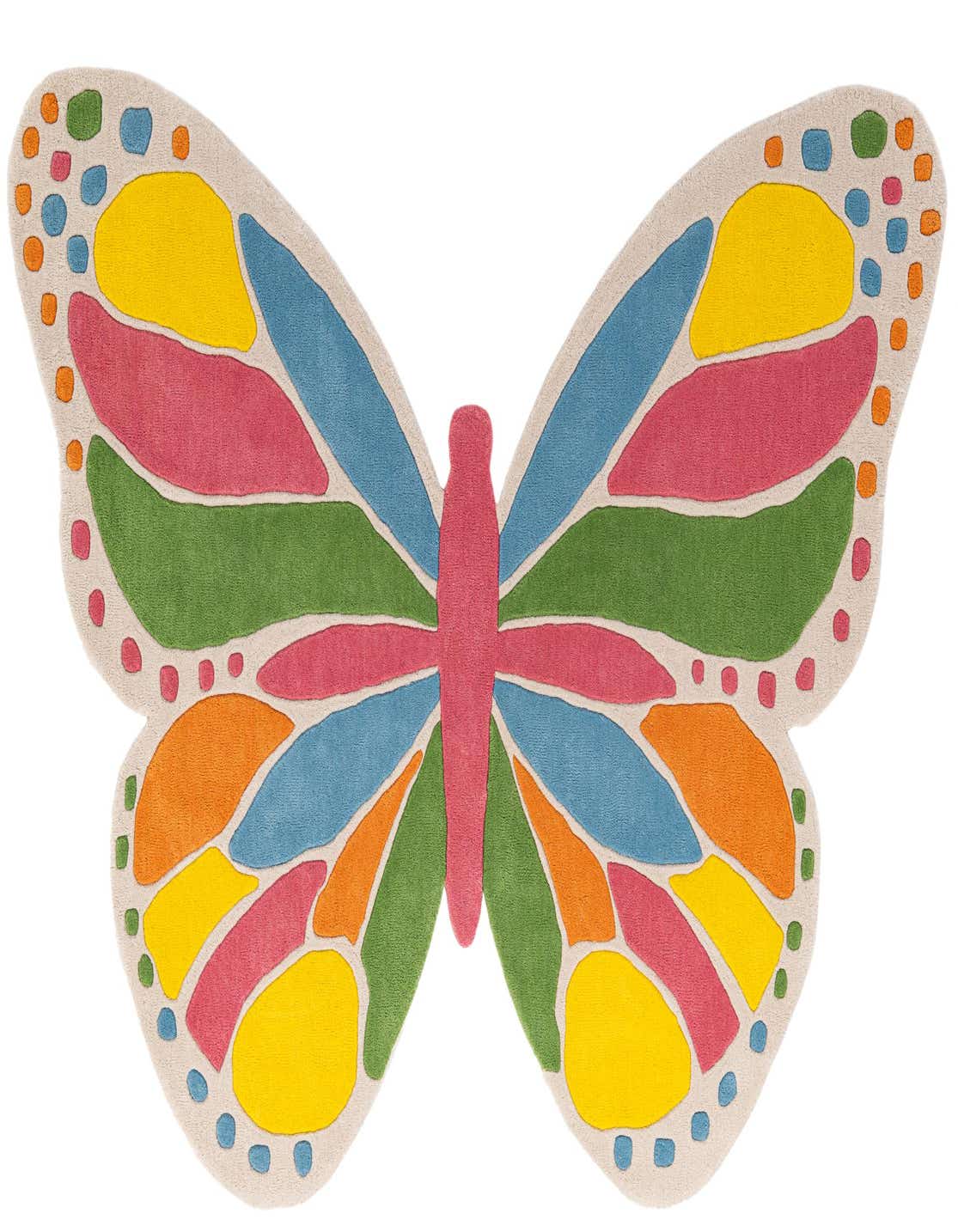 A vibrant, multi-colored butterfly-shaped rug with a cream border, featuring yellow, pink, blue, green, and orange sections, perfect for a child's room.