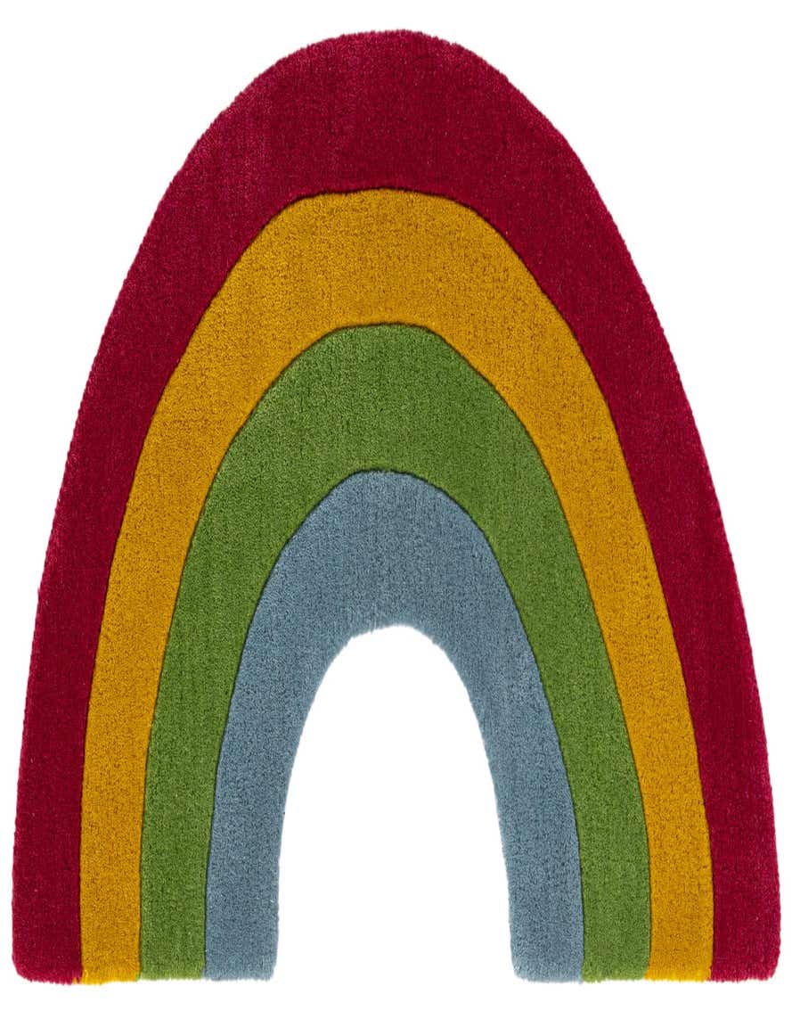 A vibrant 2x3 rectangular wool rug shaped like a rainbow with red, yellow, green, and blue stripes.