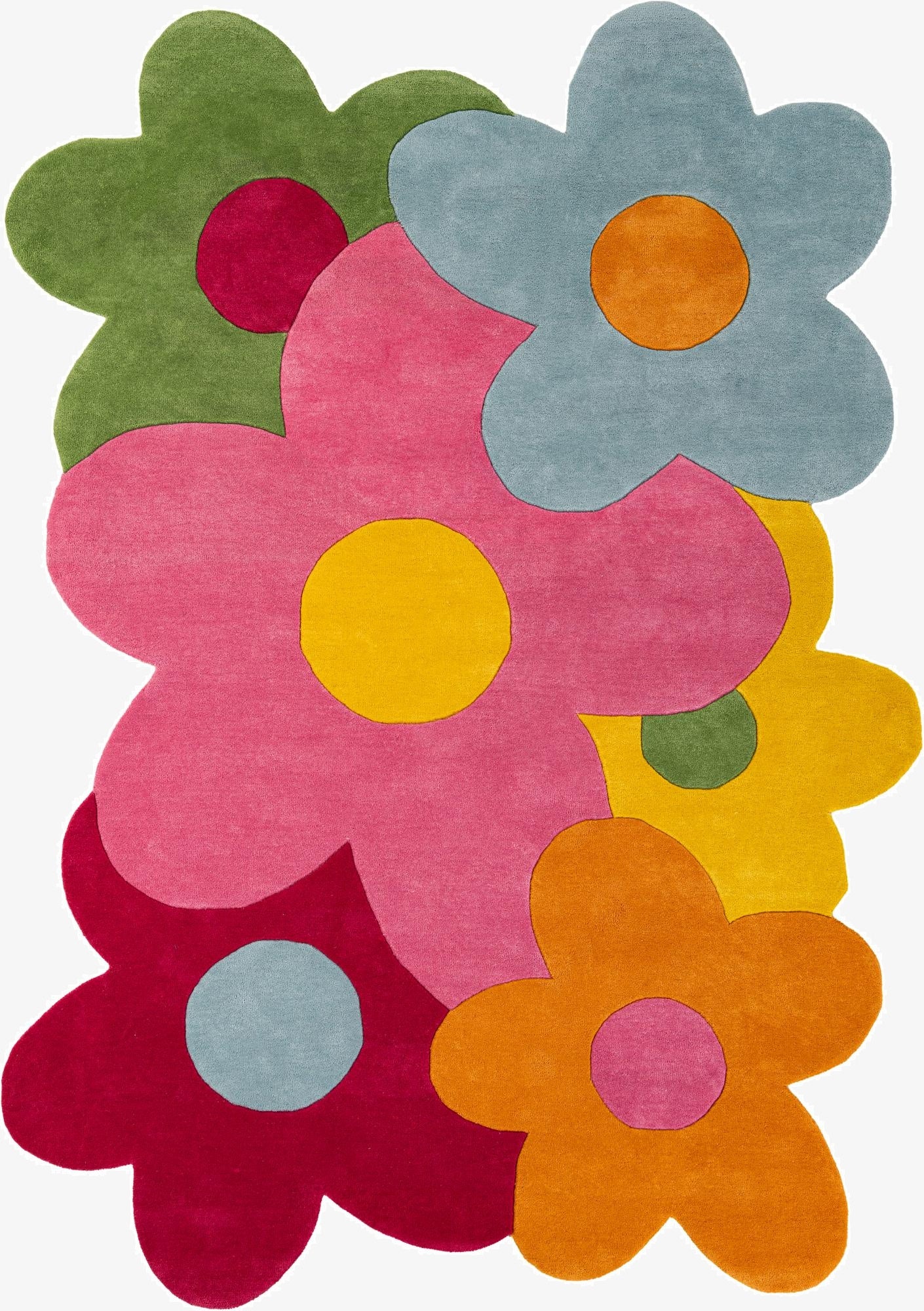 A vibrant 7x10 multi-colored floral rug with a high pile, featuring overlapping flower shapes in pink, blue, green, yellow, orange, and red.