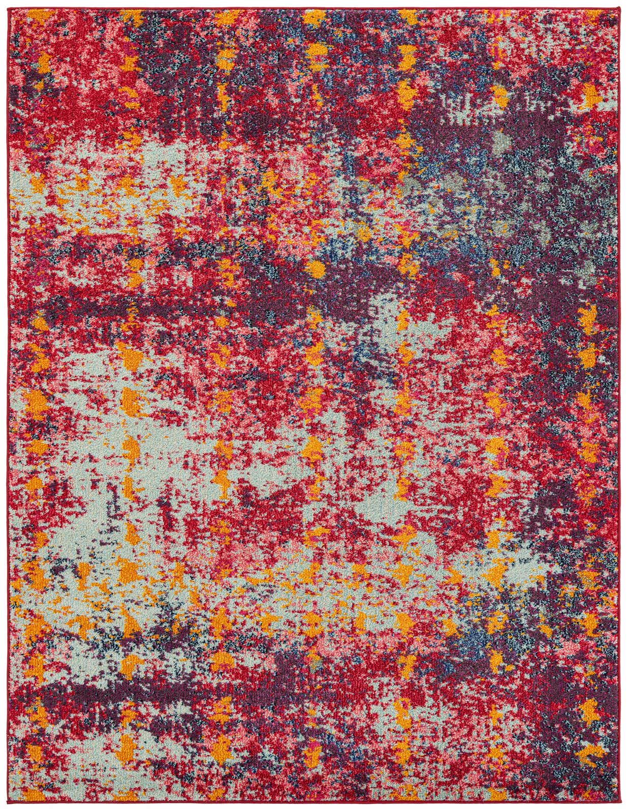 A vibrant 5x8 rectangular rug with an abstract pattern in shades of red, orange, blue, and light gray, suitable for a modern living space.