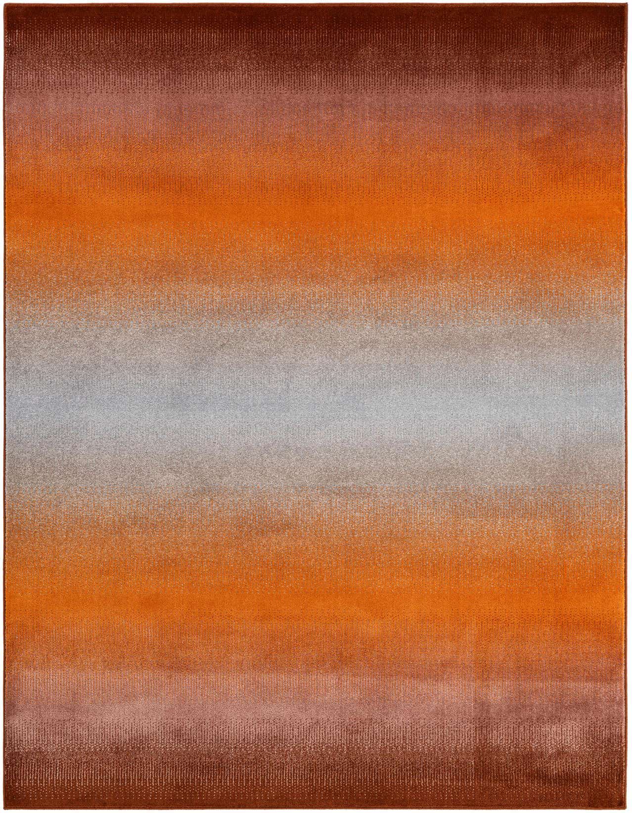 A rectangular 5x8 modern area rug with an abstract multi-colored gradient design, featuring shades of brown, orange, and gray.