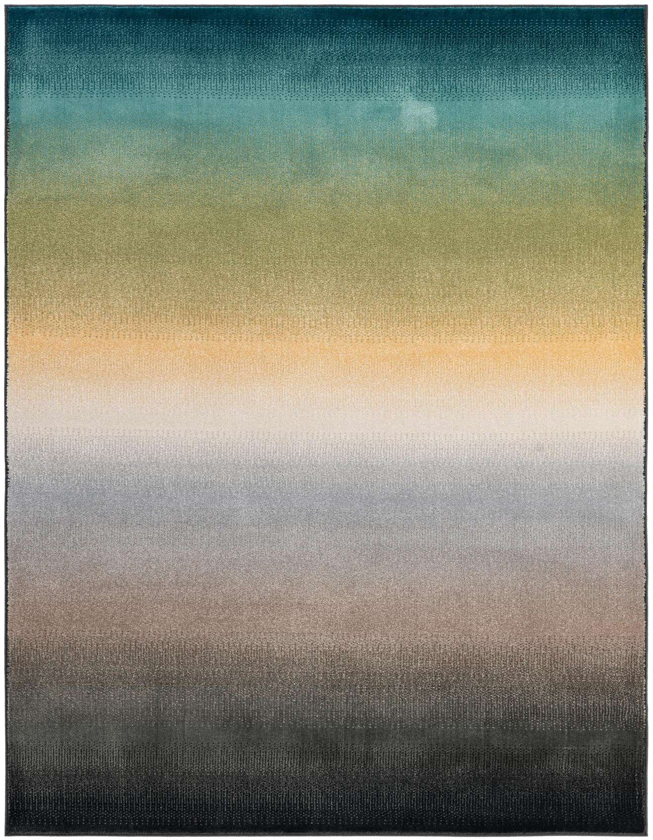 A 5x8 rectangular area rug featuring a modern abstract gradient design in multi-colors, transitioning from teal to green, orange, light gray, and dark gray.