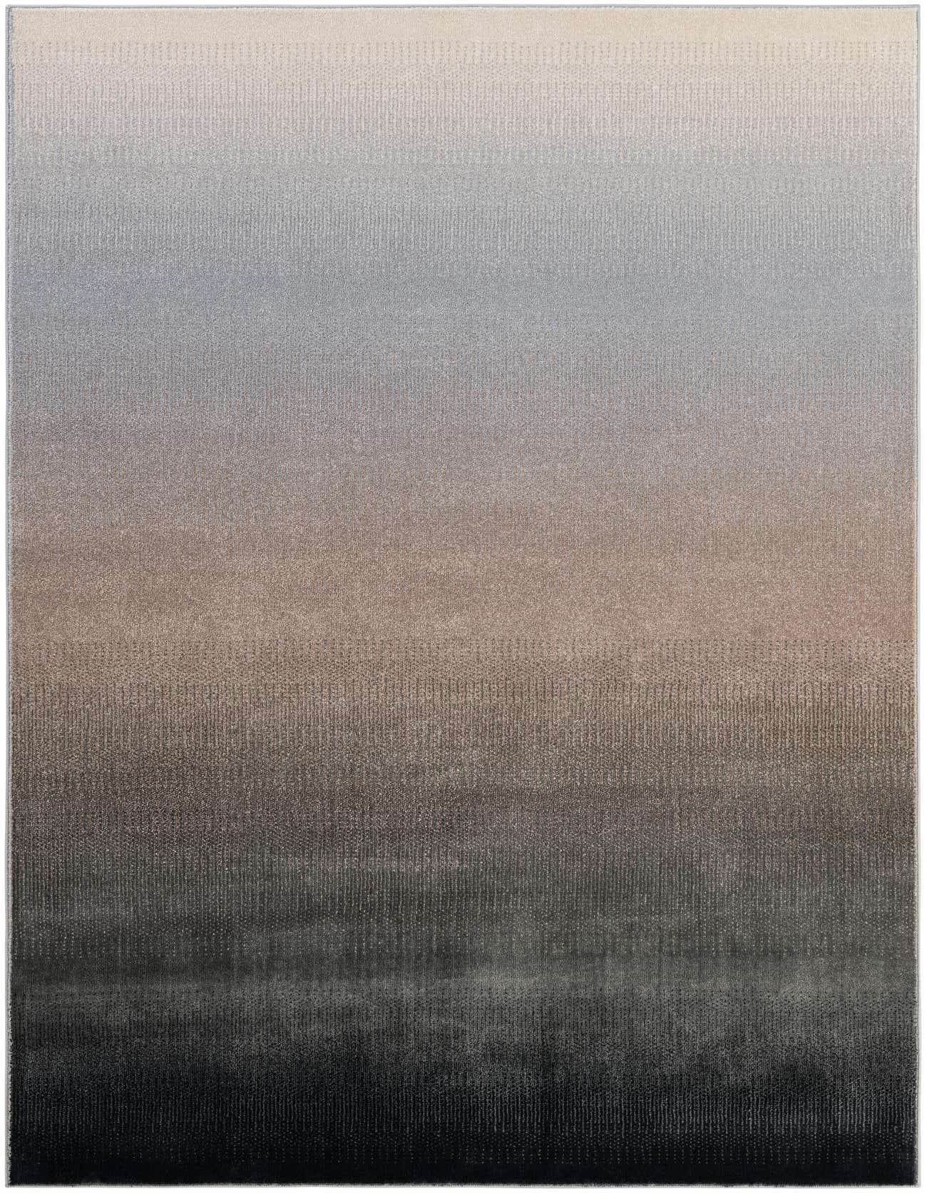 A 5x8 rectangular rug featuring a modern, abstract multi-colored gradient design, transitioning from light cream to grey, then to muted brown and dark charcoal.