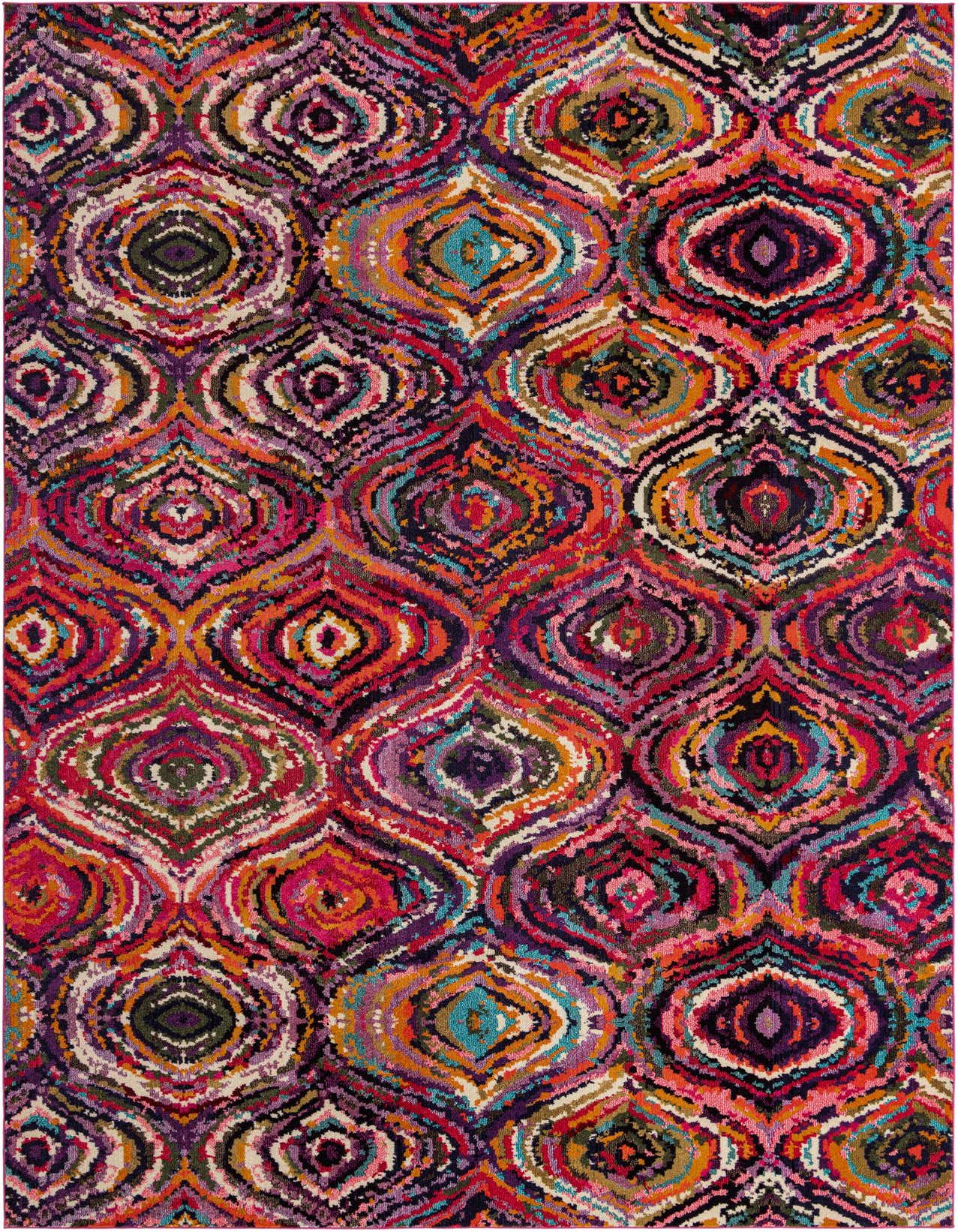 A vibrant multi-colored rectangular rug with a Bohemian trellis pattern, featuring shades of pink, purple, orange, and blue.