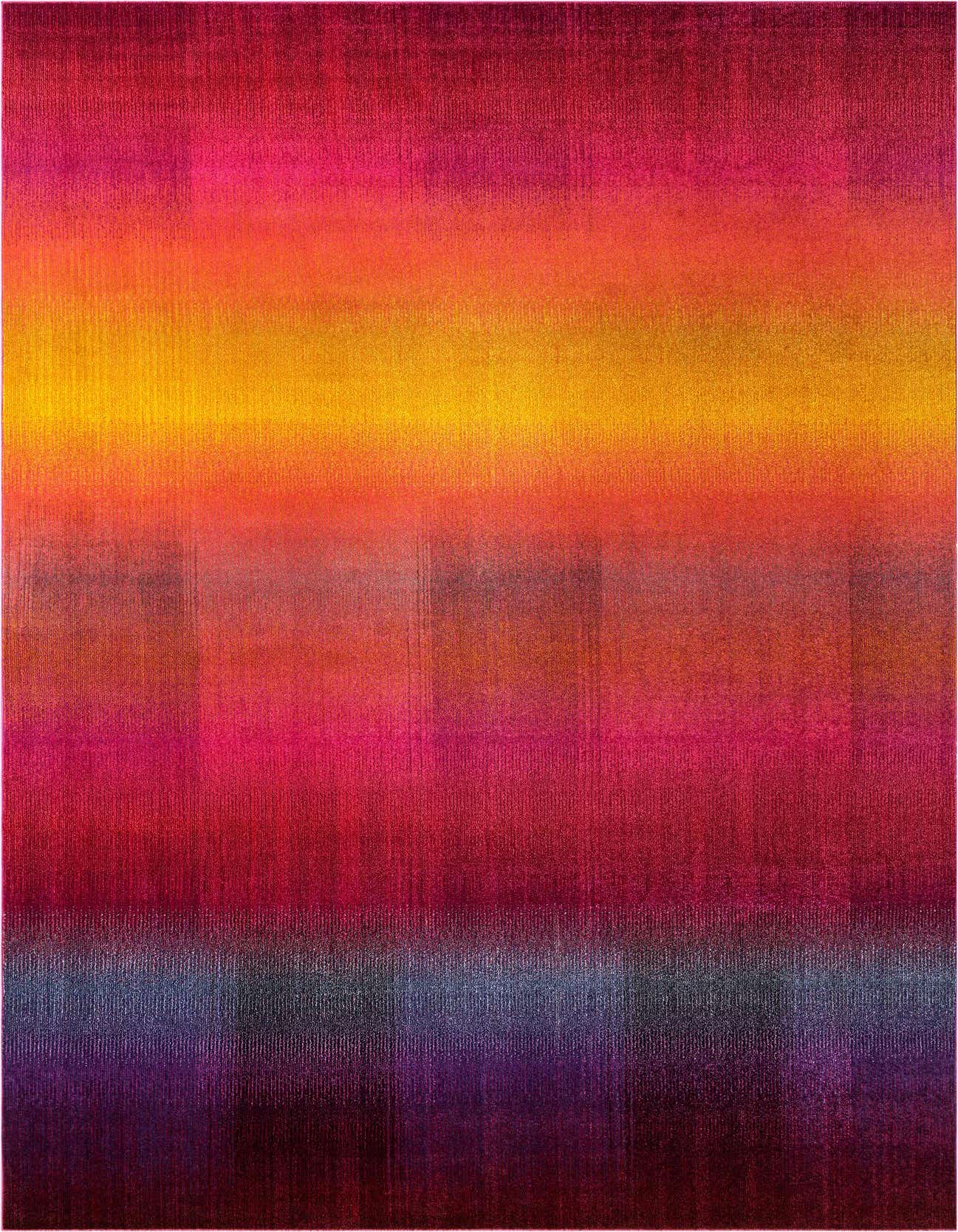 A vibrant multi-colored rectangular modern rug with horizontal stripes of red, orange, yellow, pink, and purple, perfect for a living room.
