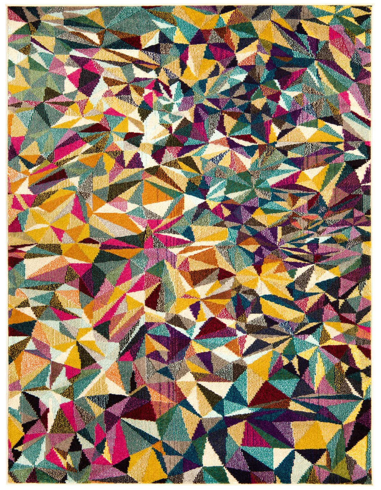 A vibrant 5x8 rectangular area rug featuring a multi-colored abstract geometric pattern with shades of teal, fuchsia, yellow, and purple, suitable for a modern living room.