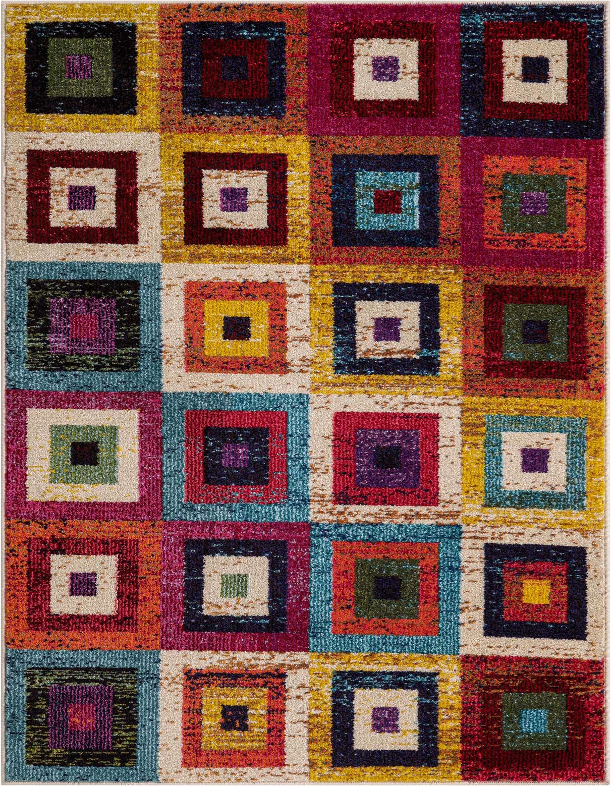 A 3x5 rectangular multi-colored rug with a modern Bohemian pattern of concentric squares in vibrant hues, perfect for a kitchen or entryway.