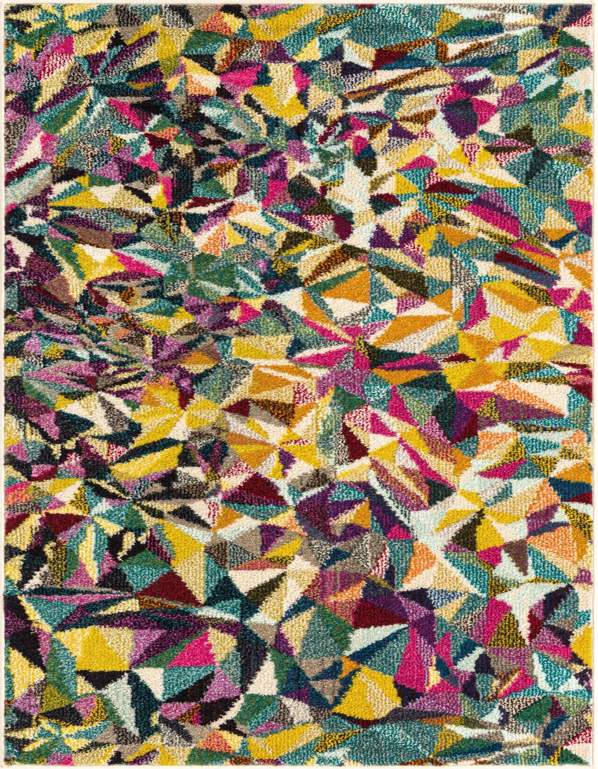 A vibrant 3x5 rectangular area rug featuring an abstract geometric pattern in multi-colored hues of teal, yellow, pink, and purple.
