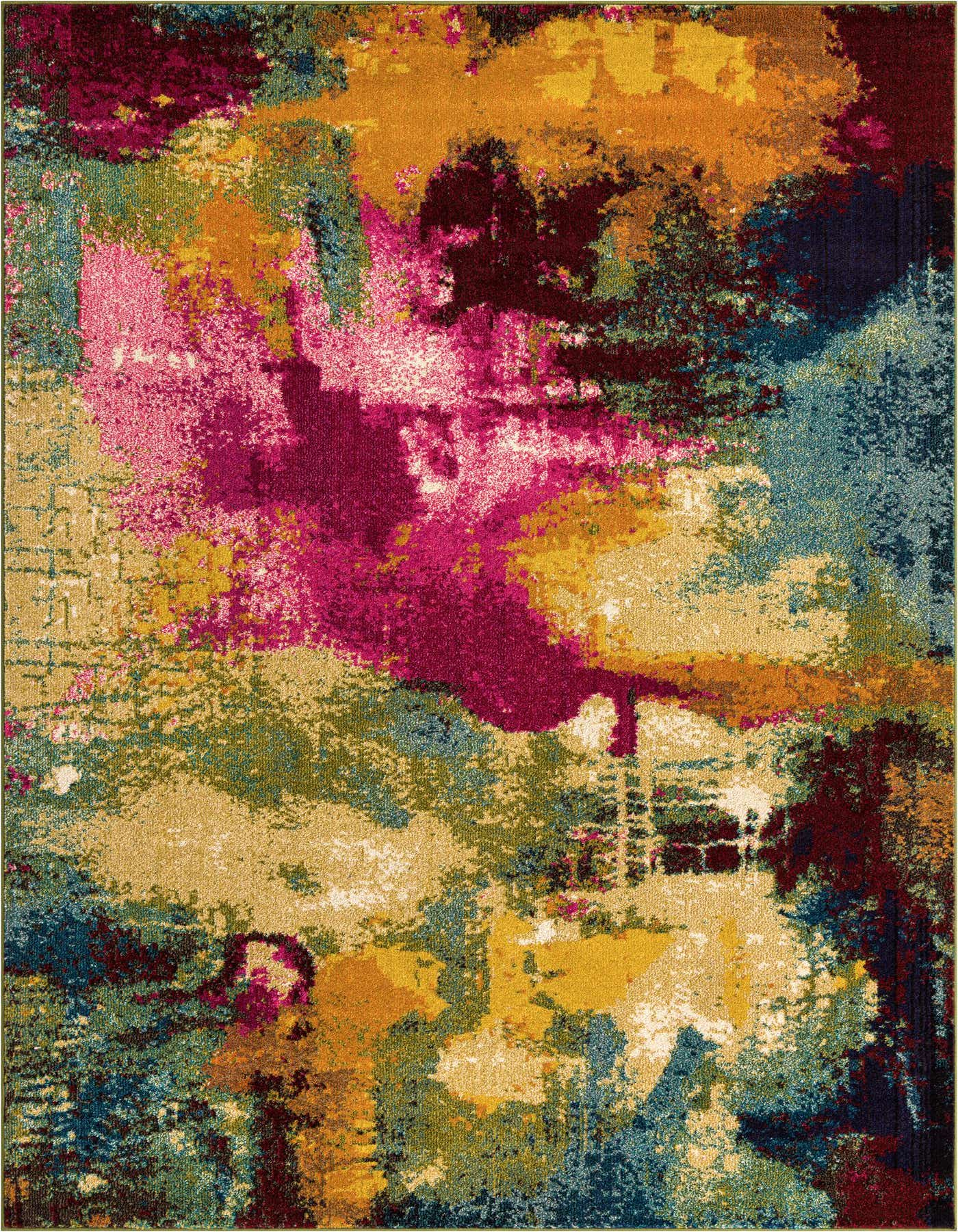 A vibrant 7x10 rectangular area rug featuring a multi-colored abstract botanical pattern with shades of pink, yellow, blue, and green.