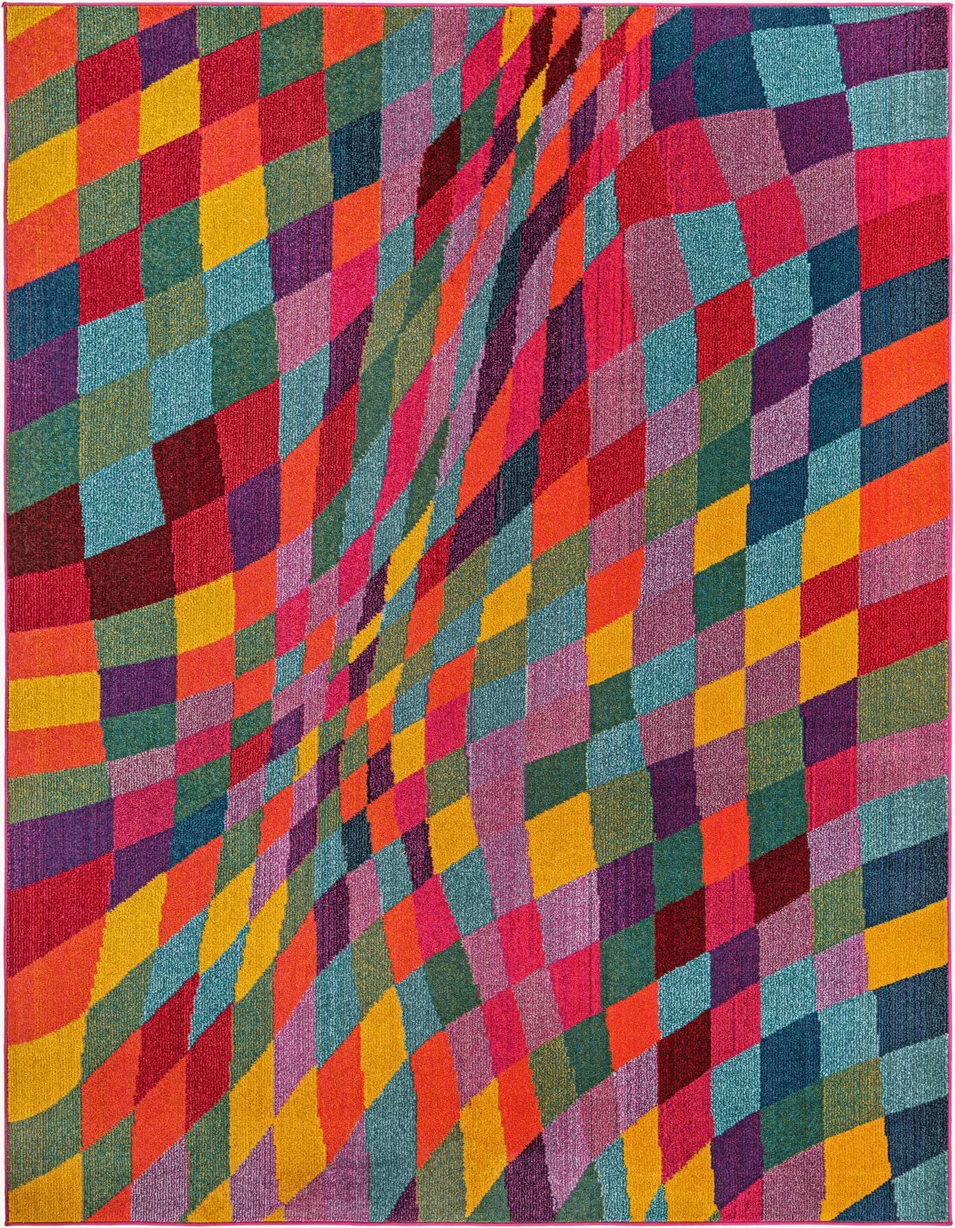 A vibrant 7x10 multi-colored rectangular rug featuring a dynamic, wavy abstract pattern of various colored squares, perfect for a lively living room.