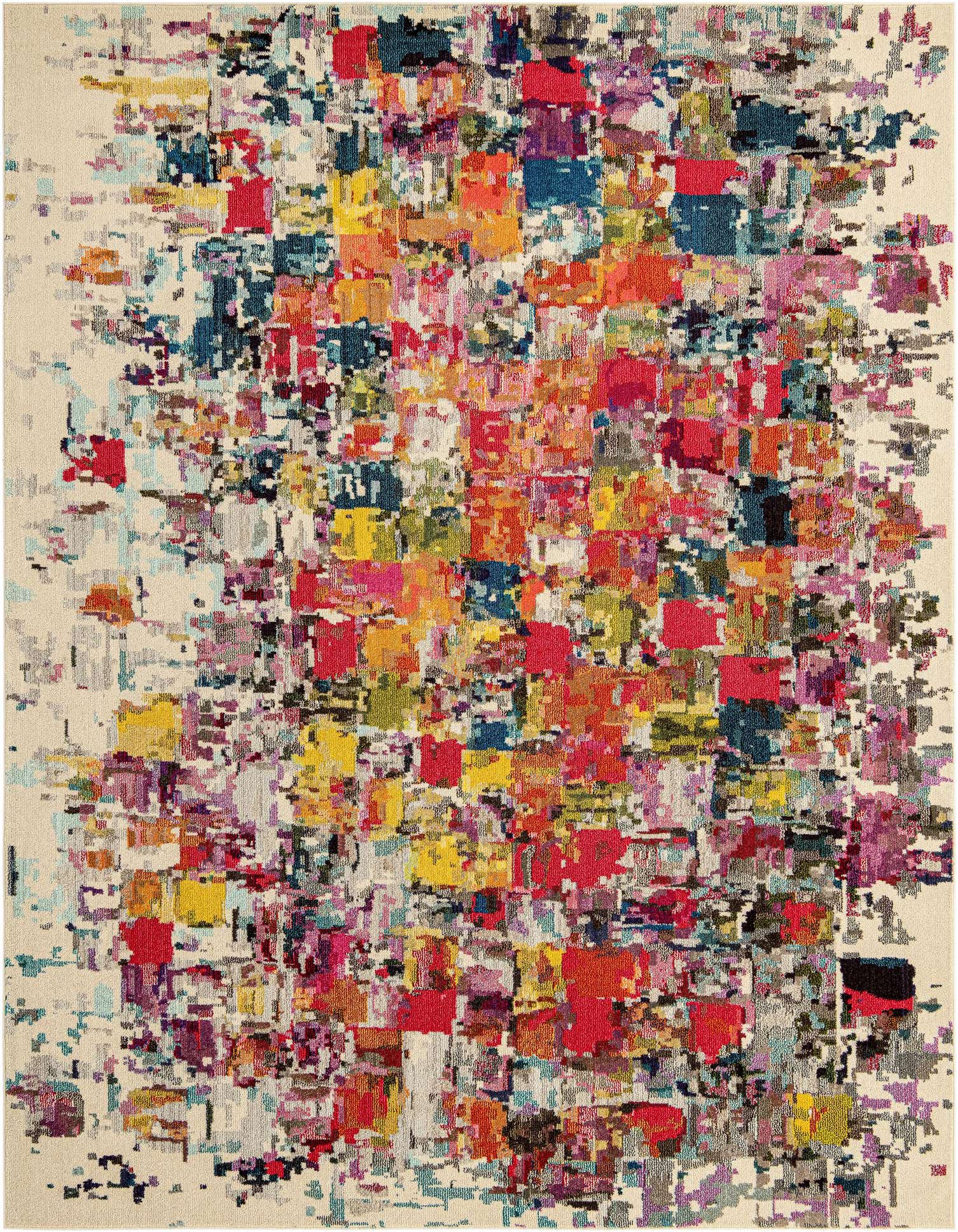 A vibrant 9x12 rectangular area rug featuring an abstract, pixelated pattern of multi-colored squares on a light background, ideal for a modern living room.