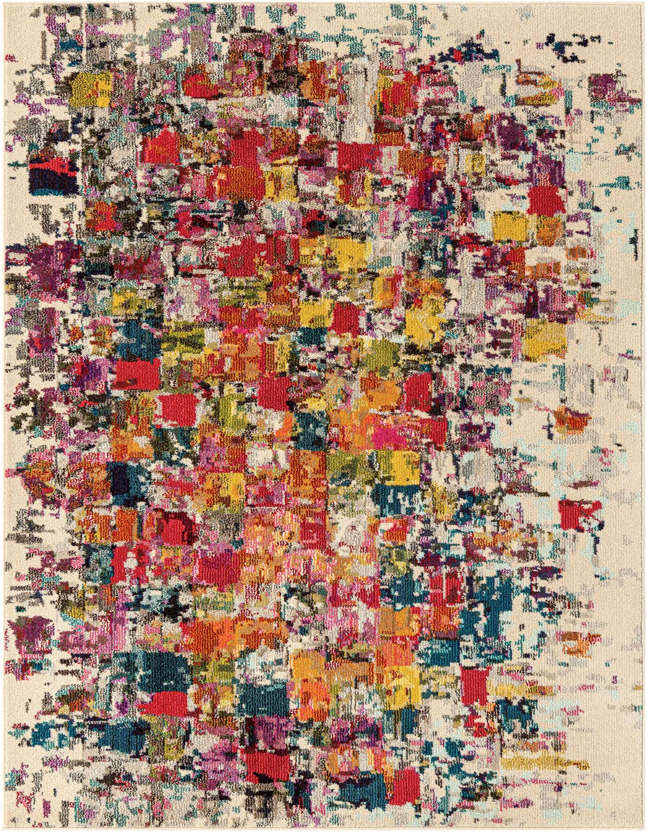 A 5x8 rectangular multi-colored abstract rug with a modern pixelated design, featuring vibrant reds, yellows, blues, and purples on a light background.