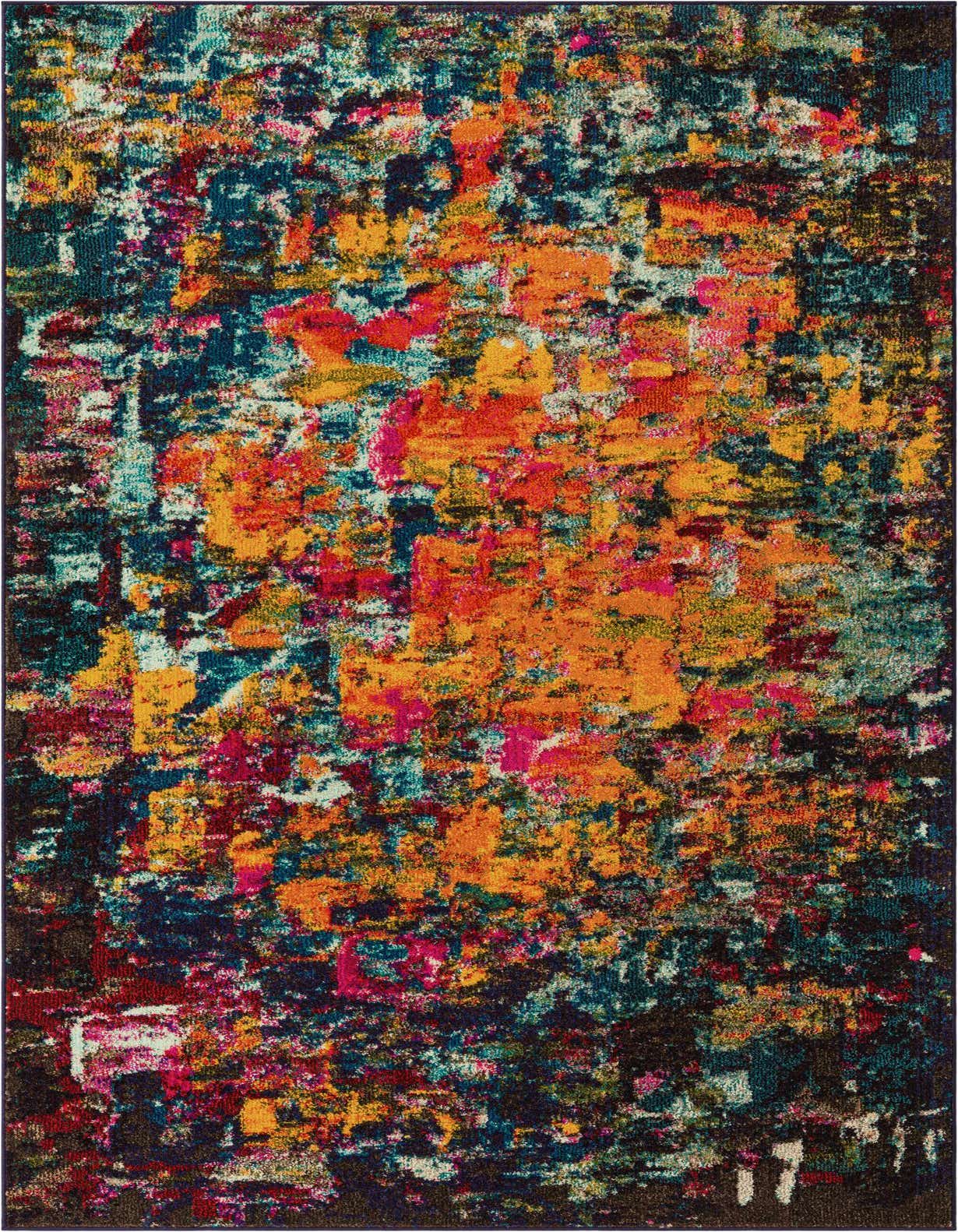 A vibrant 5x8 multi-colored rectangular abstract rug with a mix of orange, pink, blue, and yellow hues, perfect for a modern living space.