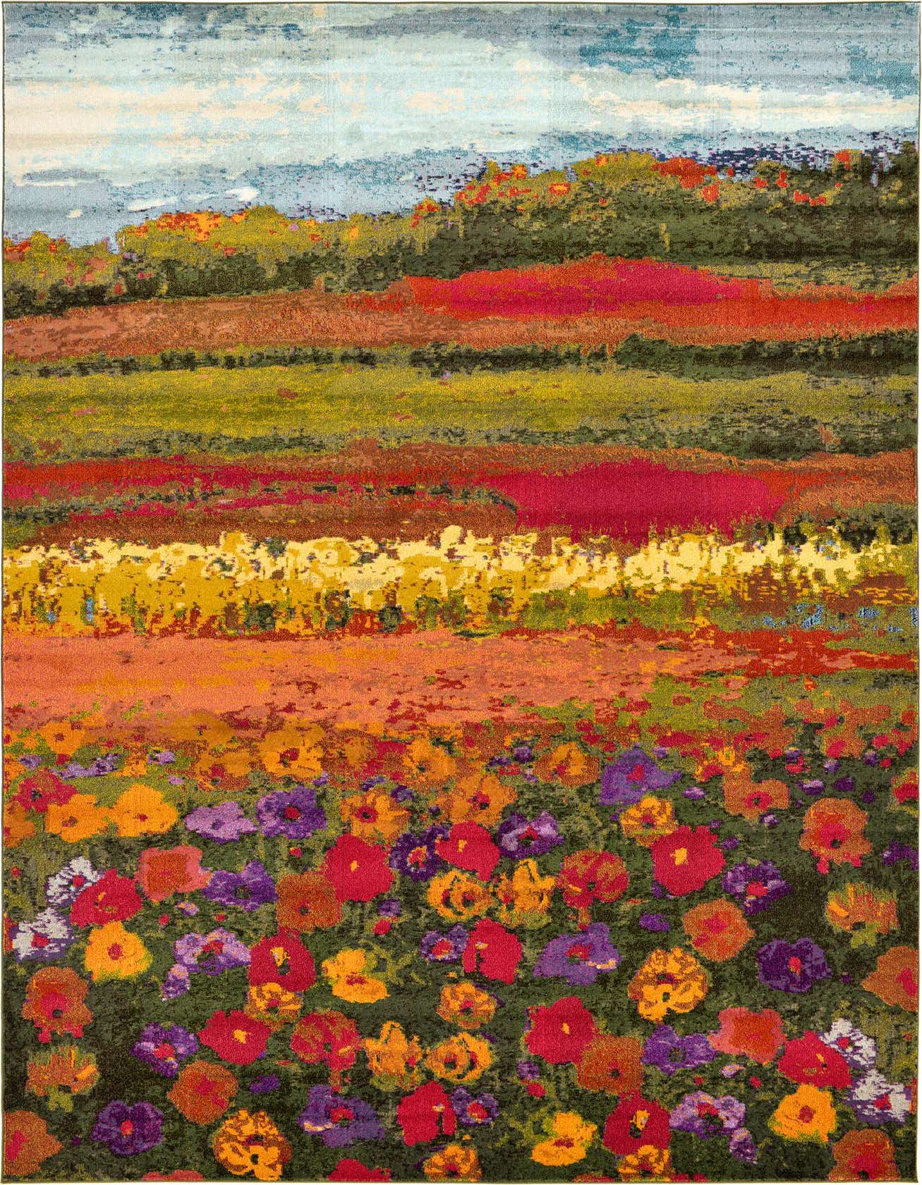A vibrant multi-colored rectangular area rug featuring an abstract botanical landscape with a field of red, orange, and purple flowers, green fields, and a blue sky.