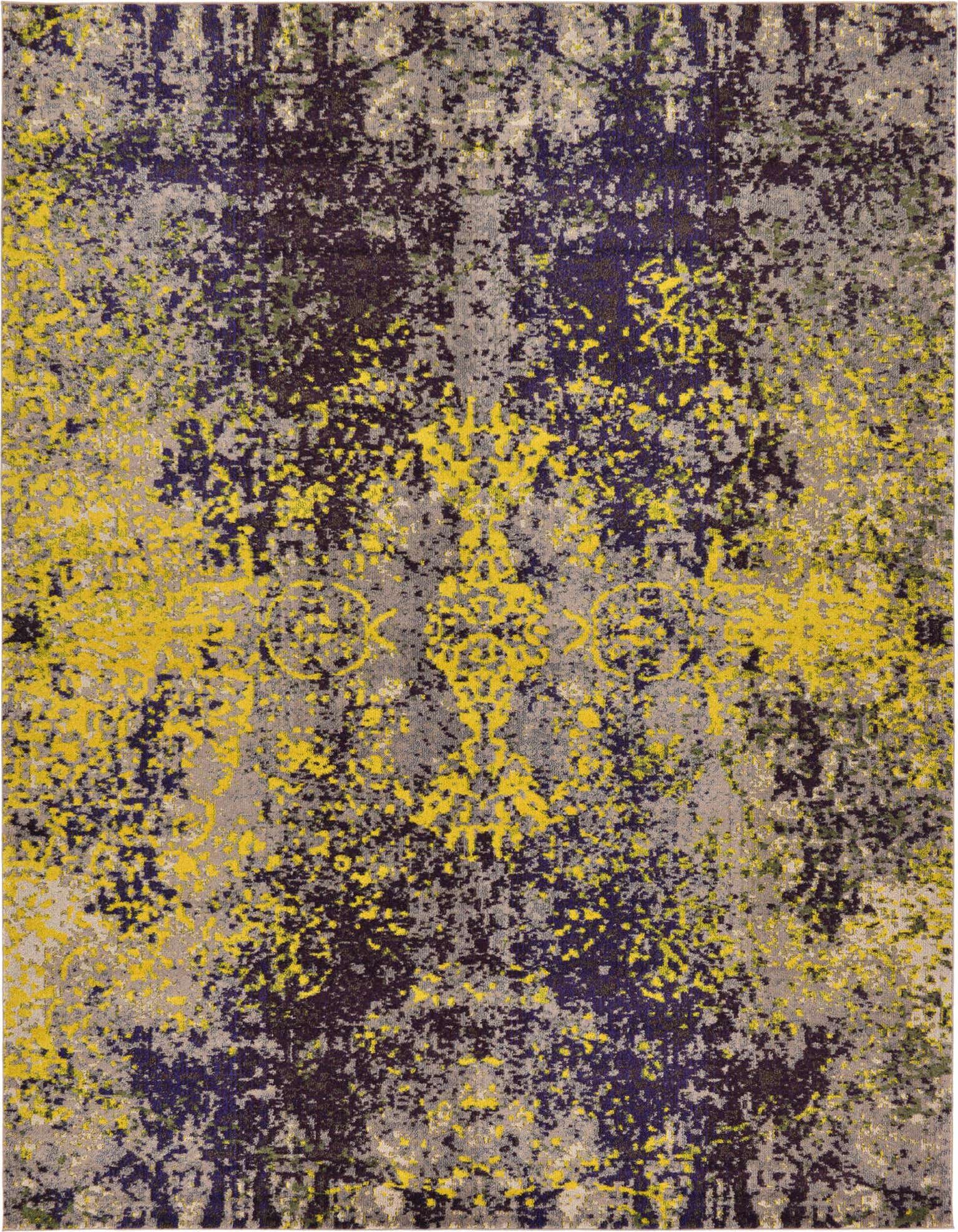 A 9x12 rectangular Hyacinth rug featuring a modern, abstract medallion pattern in vibrant multi-colors, including yellow, purple, and grey.