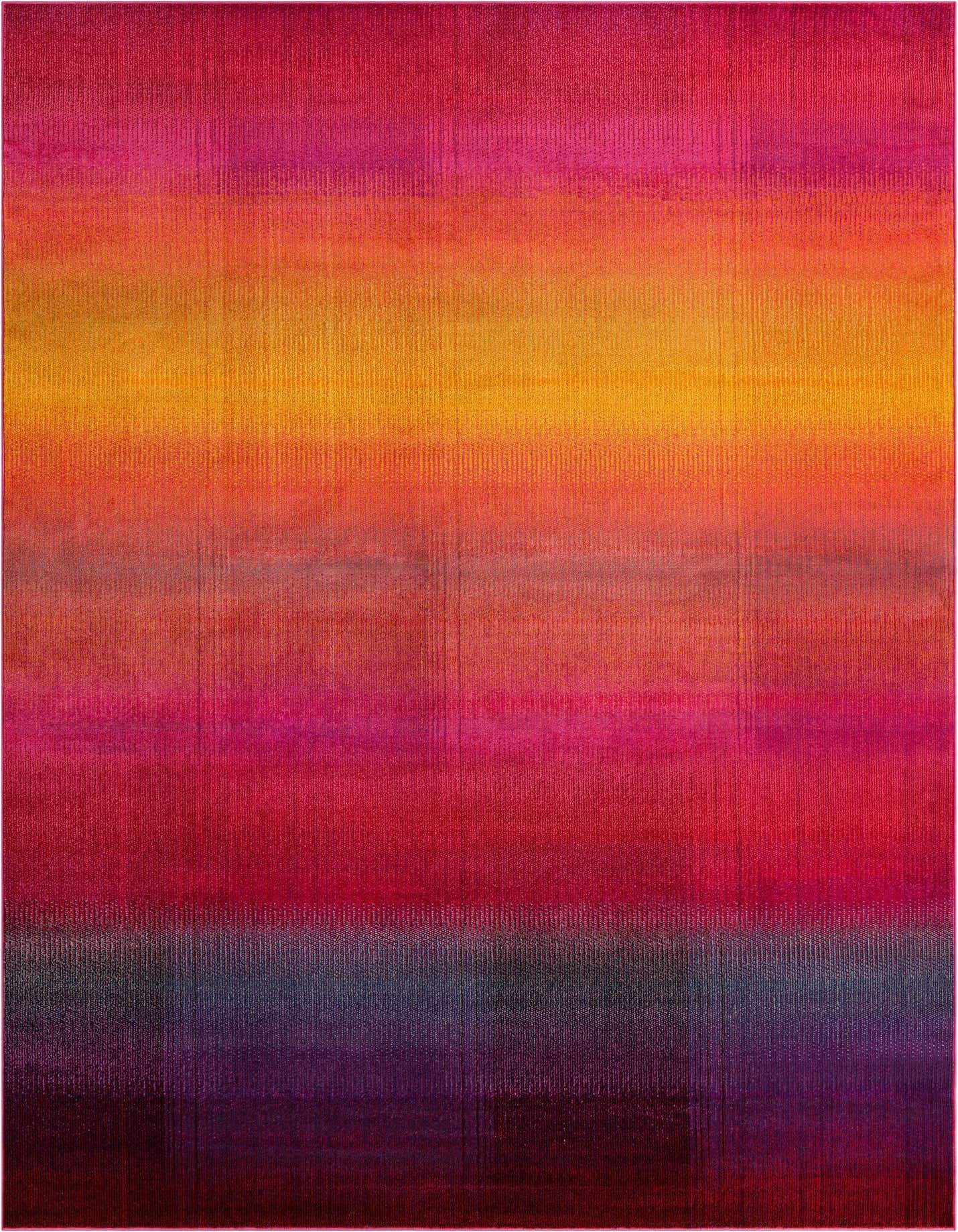 A vibrant 8x11 multi-colored rectangular rug featuring a modern abstract design with horizontal stripes of pink, orange, yellow, red, and purple.