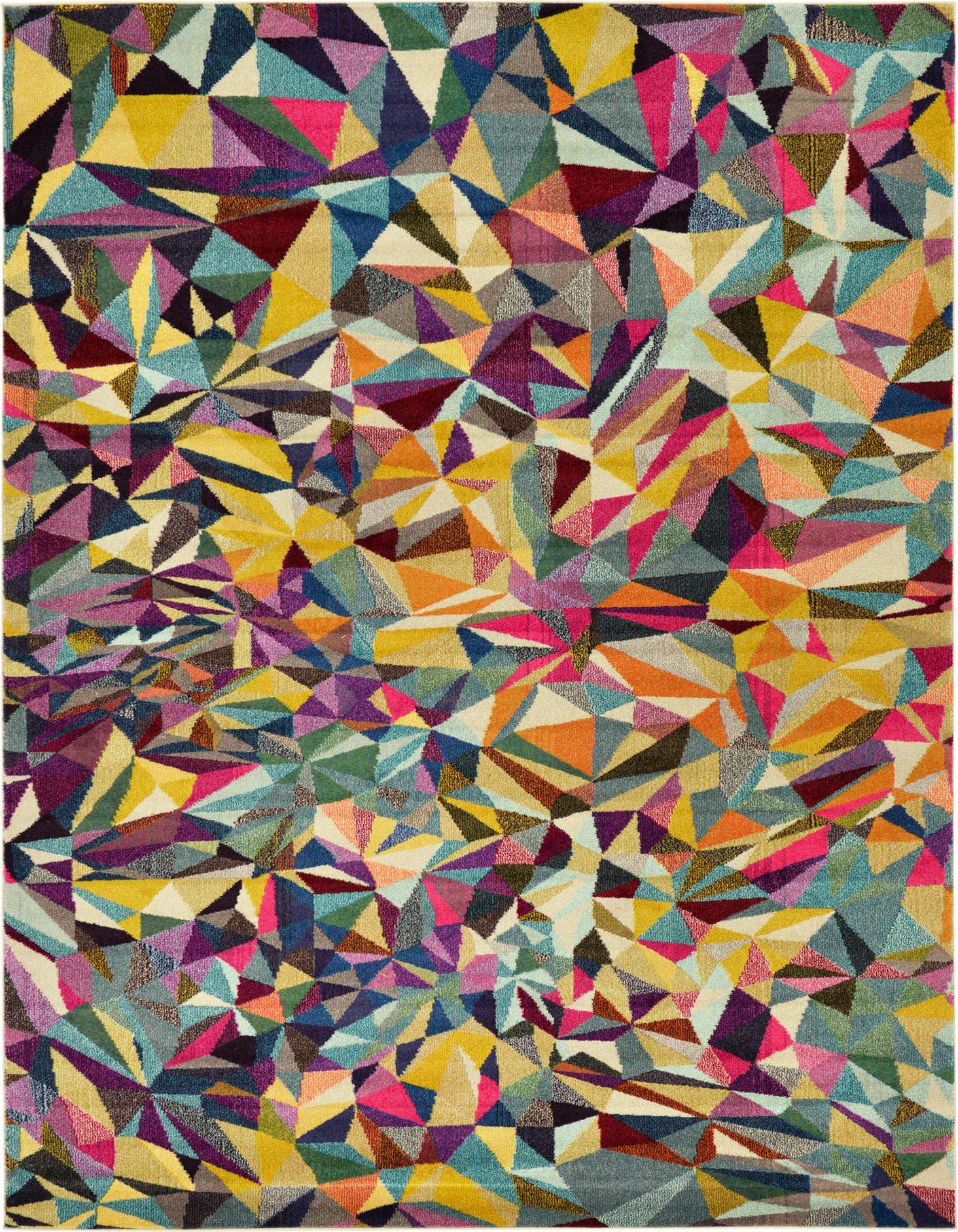 A vibrant 8x11 rectangular area rug featuring an abstract geometric pattern in multi-colored hues, ideal for a modern living room.