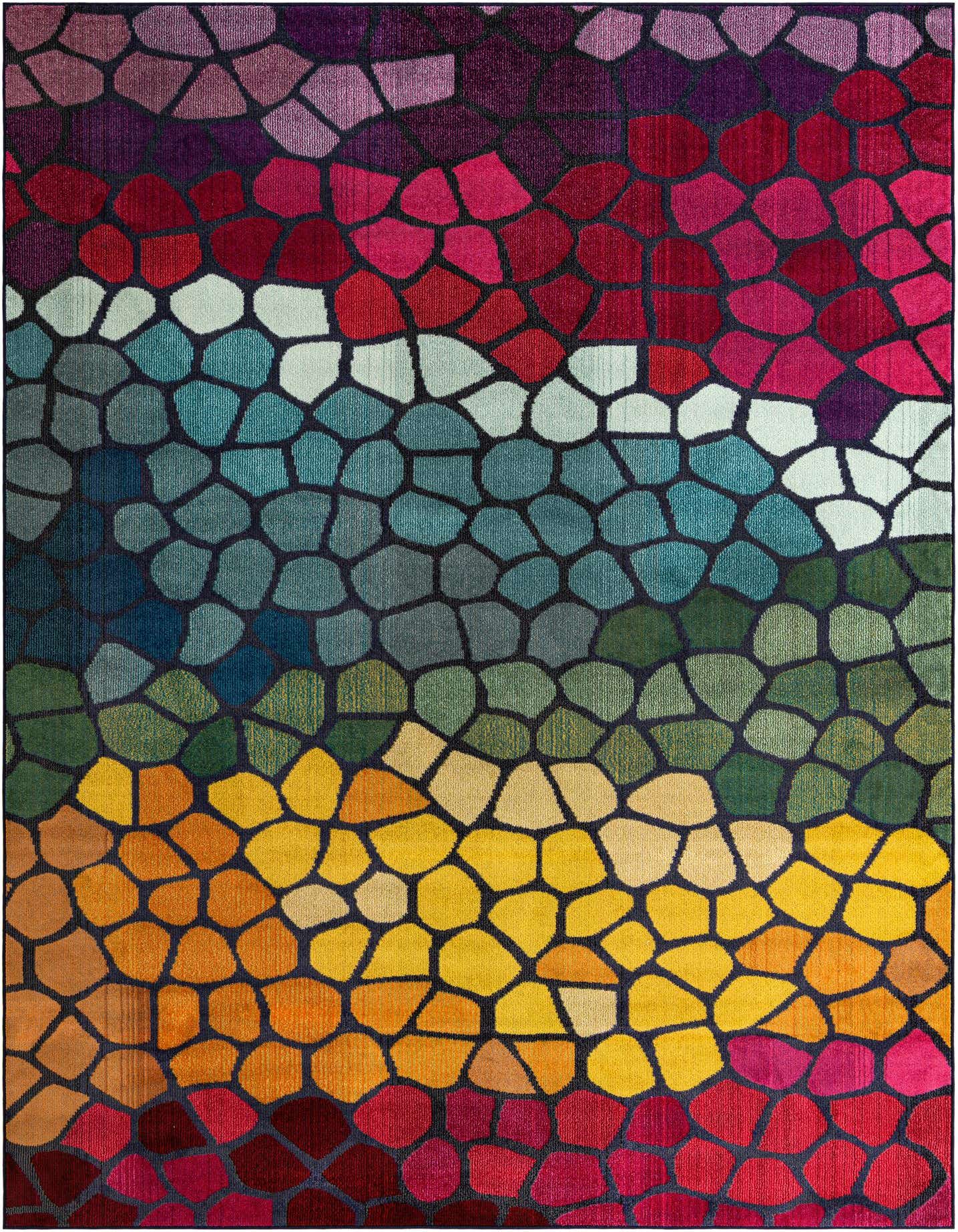 A vibrant 8x11 multi-colored rectangular rug with a mosaic-like abstract pattern, featuring bands of purple, red, teal, green, and yellow, ideal for a modern living room.