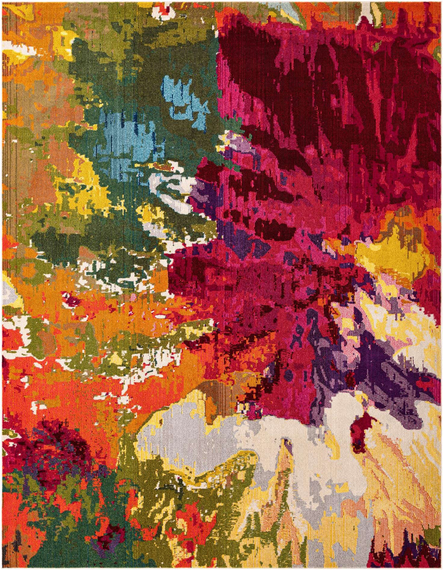 A vibrant 9x12 multi-colored modern botanical rug with abstract floral patterns in a rich tapestry of red, orange, green, blue, purple, and yellow.