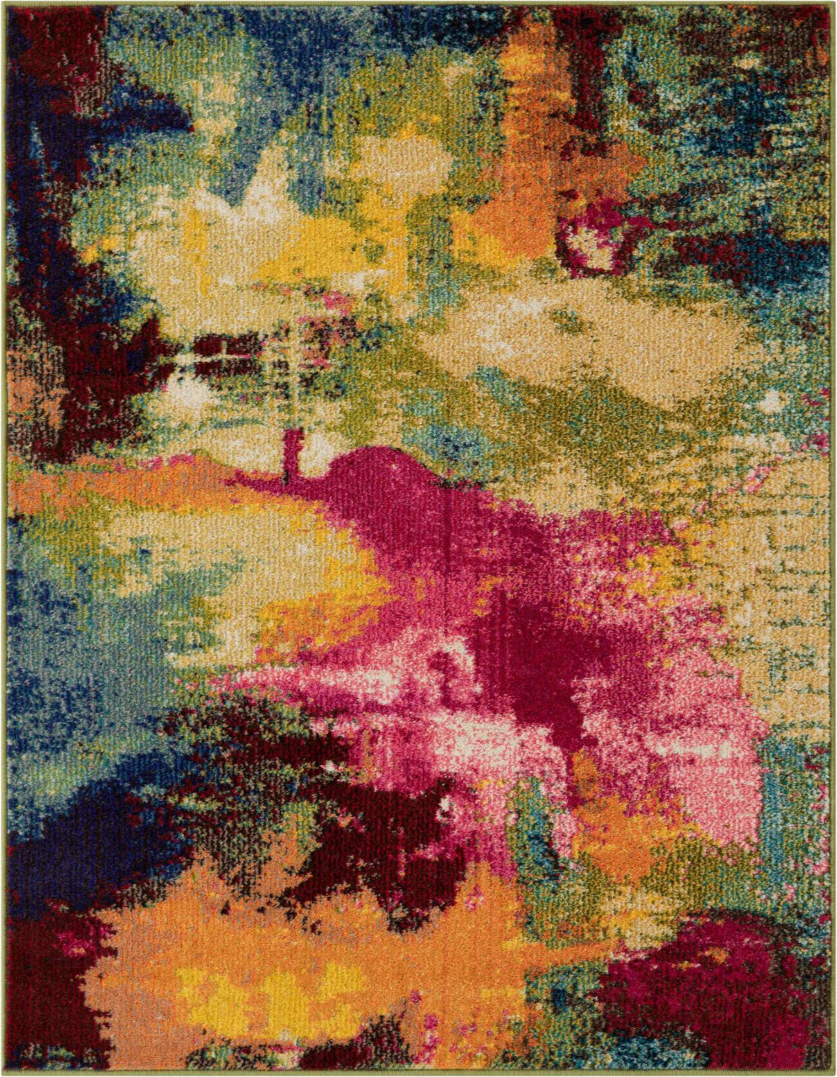 A vibrant 2x3 rectangular modern abstract rug with a multi-colored design featuring bold splashes of fuchsia, yellow, blue, and orange.