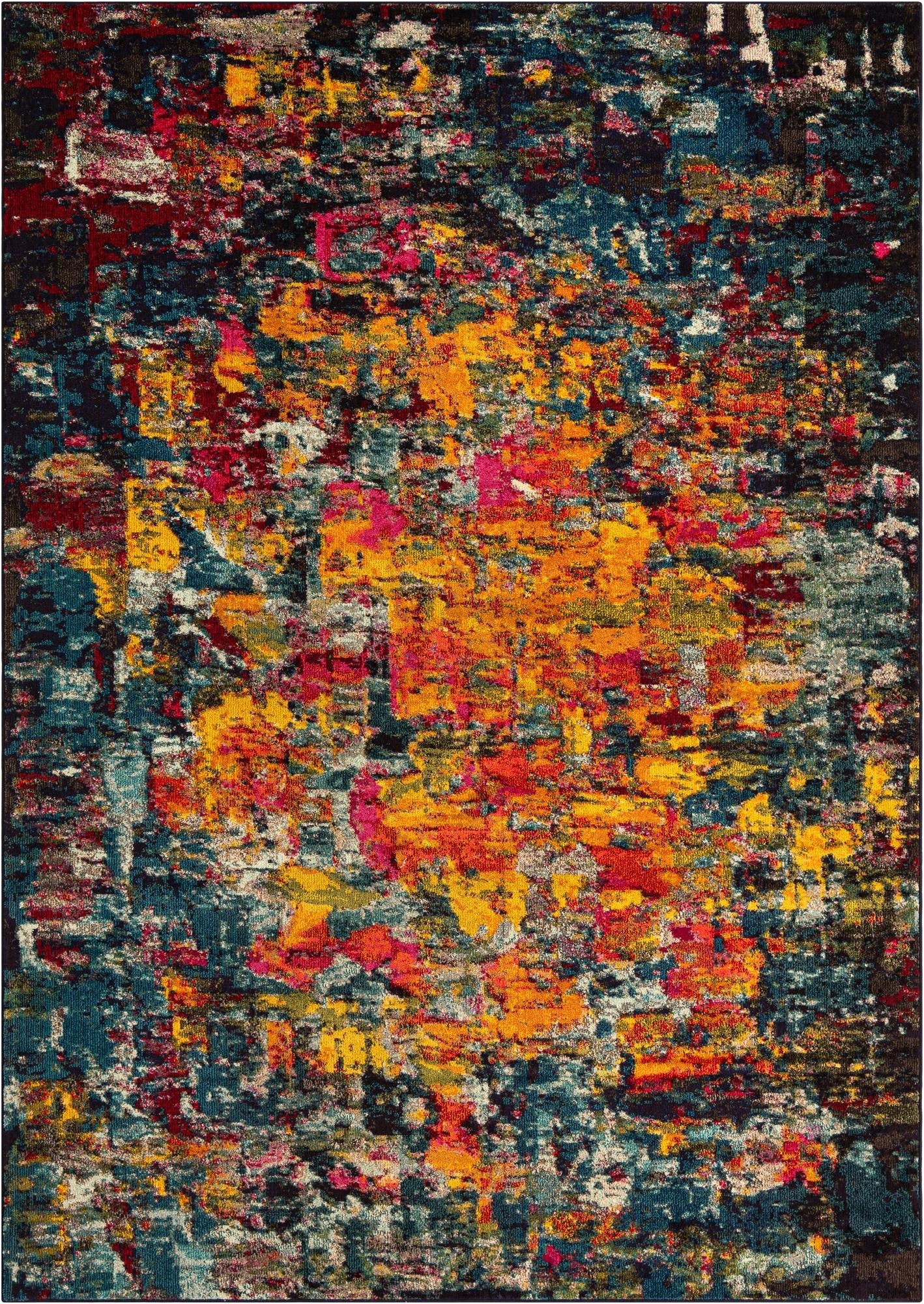 A vibrant 8x11 multi-colored abstract area rug with a bohemian modern design, featuring splashes of yellow, orange, red, and teal.