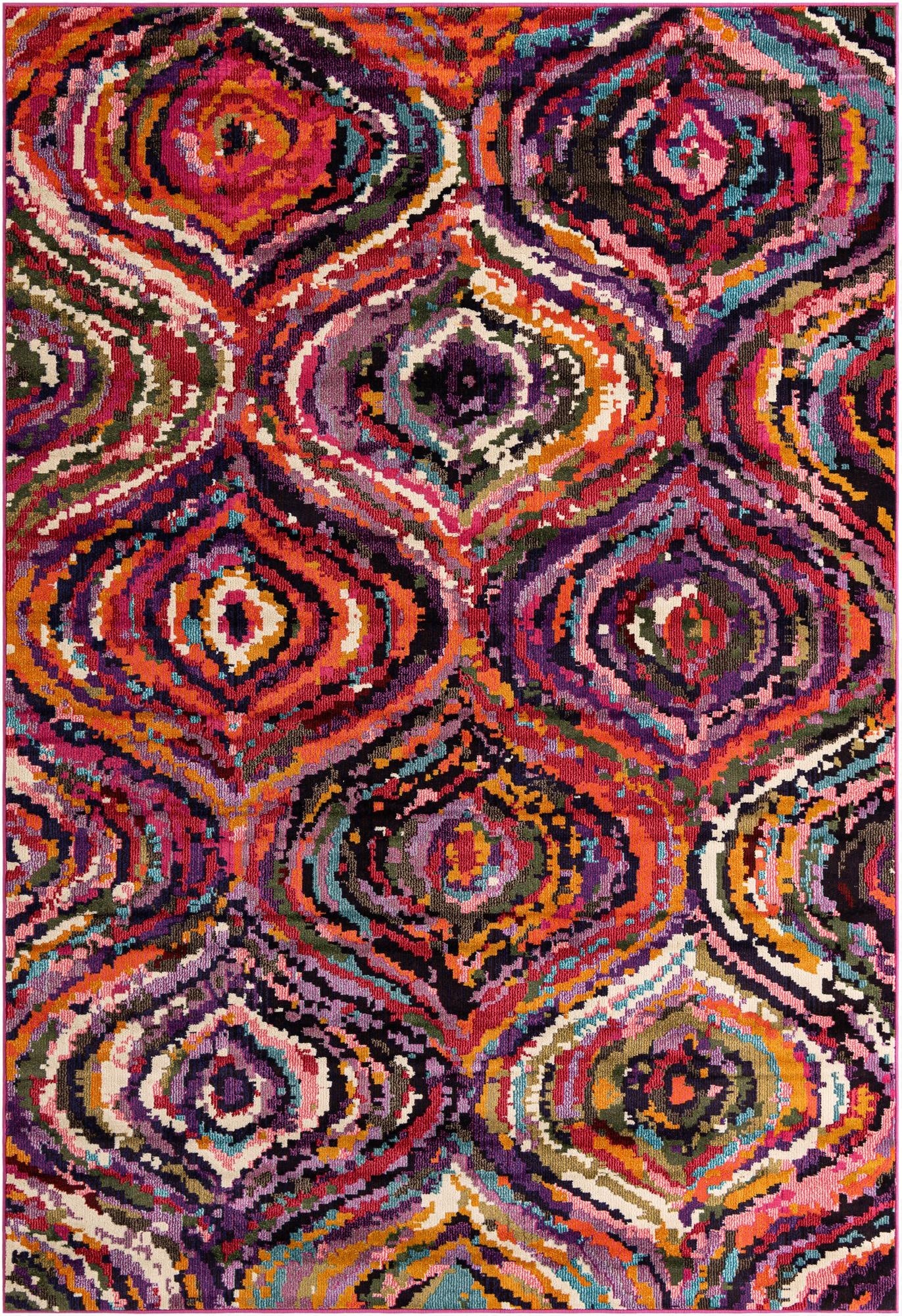 A vibrant 7x10 multi-colored rectangular rug with a bohemian trellis pattern, featuring shades of pink, orange, purple, and teal.