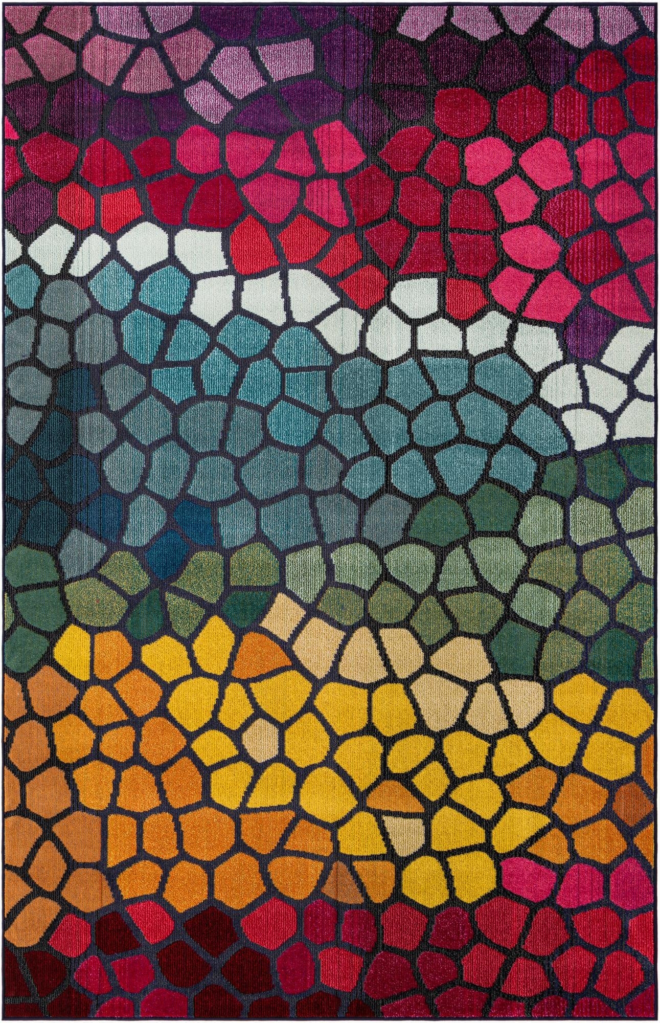 A 6x9 rectangular multi-colored rug with an abstract mosaic pattern, featuring vibrant shades of purple, red, teal, green, yellow, and orange.