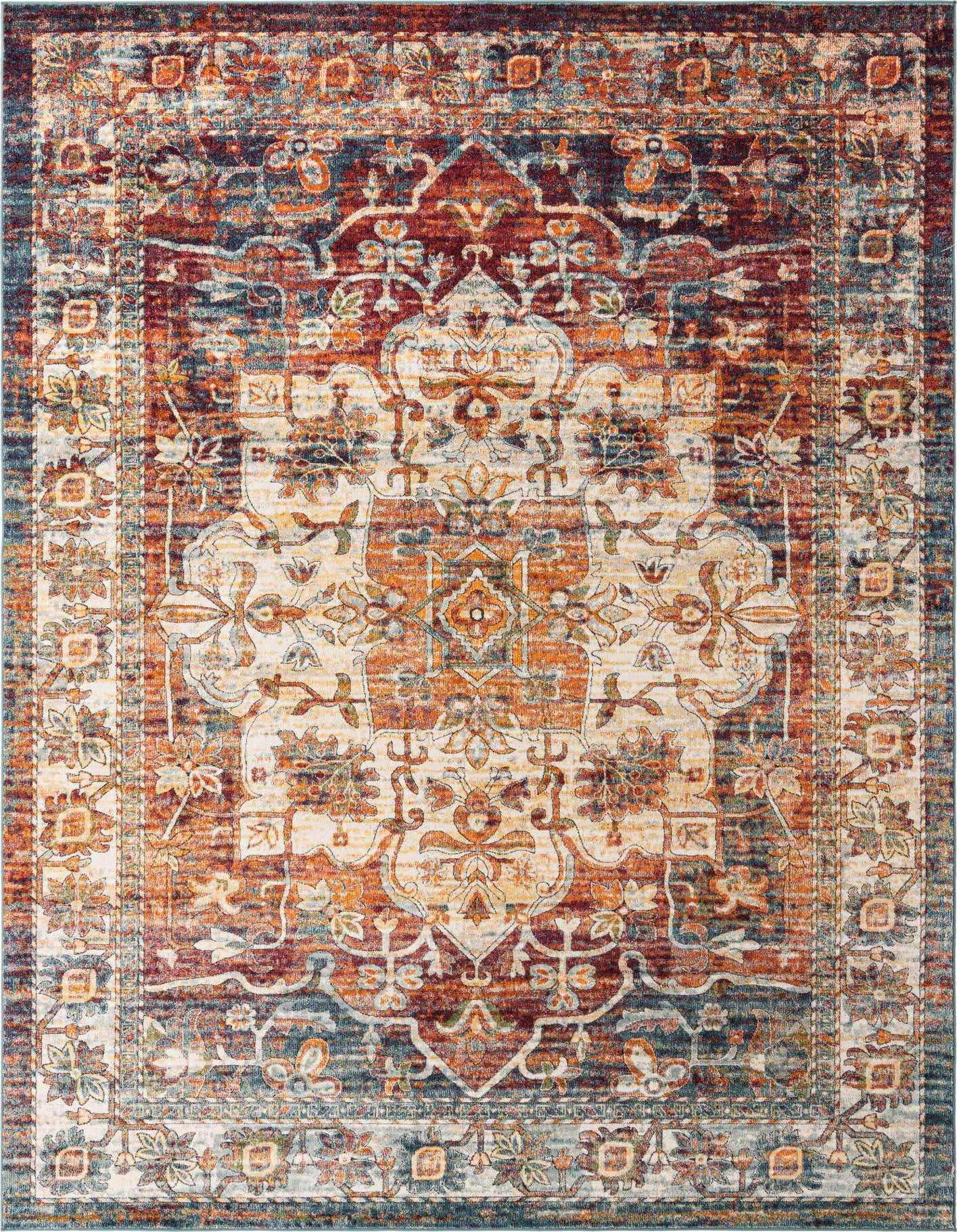 A 10x14 multi-colored rectangular Isabella rug featuring a traditional vintage medallion pattern with distressed reds, oranges, blues, and creams.