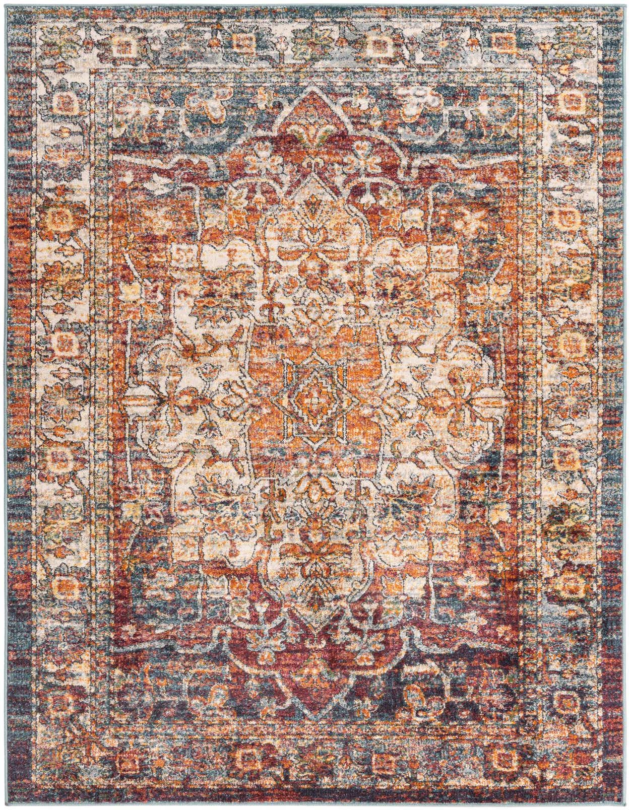 A 5x8 rectangular multi-colored traditional area rug with a vintage medallion pattern and high-low pile.