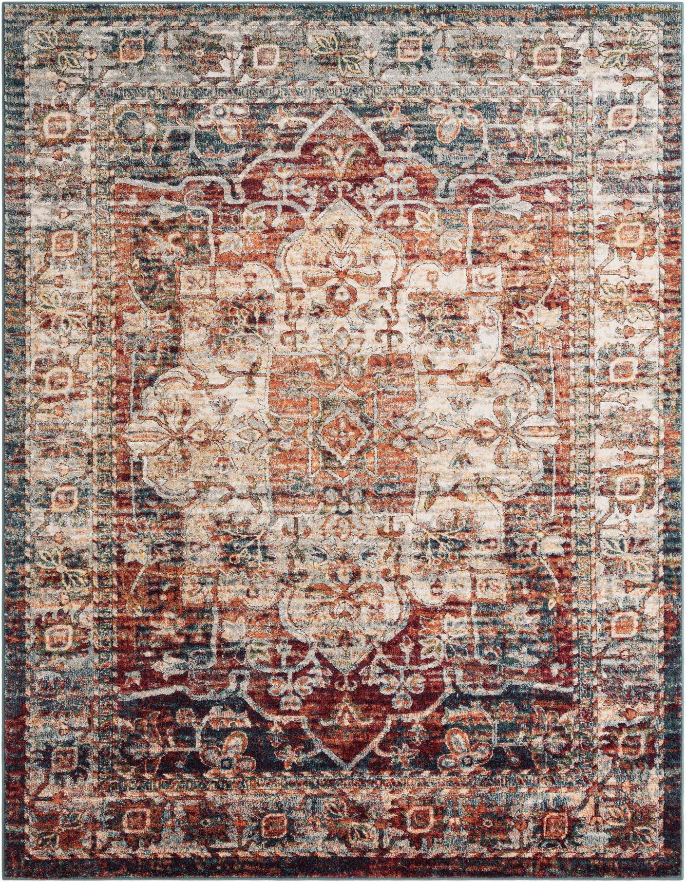 A 7x10 rectangular multi-colored traditional rug with a vintage medallion pattern, featuring shades of rust, blue, and cream, suitable for a living room or office.