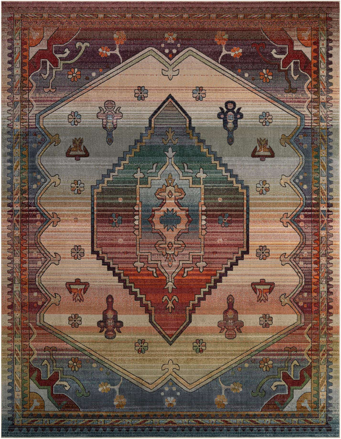 A 10x14 multi-colored rectangular Isabella rug with a traditional medallion pattern and textured pile.