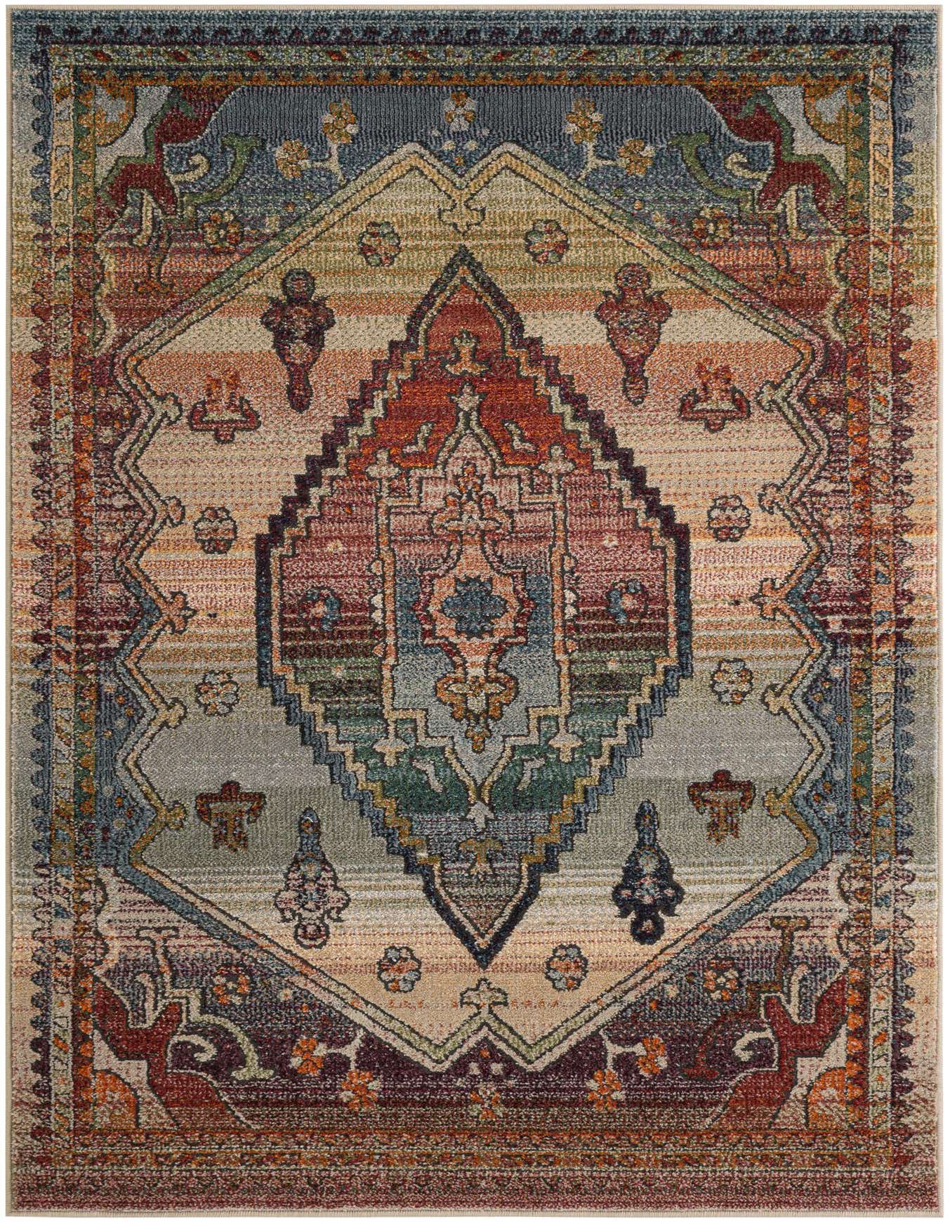 A 4x6 multi-colored rectangular rug with a vibrant central medallion design, featuring shades of orange, blue, and green.