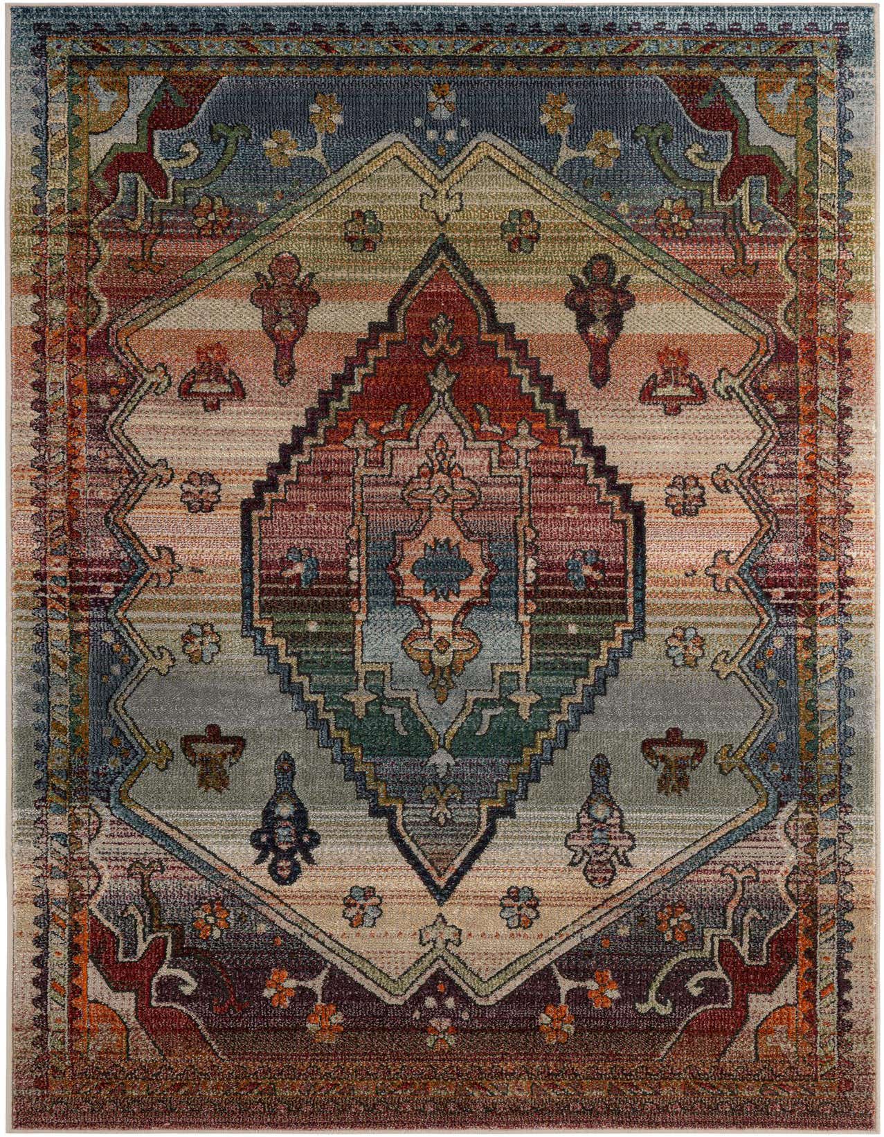 A 5x8 rectangular Isabella rug featuring a multi-colored traditional medallion pattern with shades of blue, red, green, and orange.