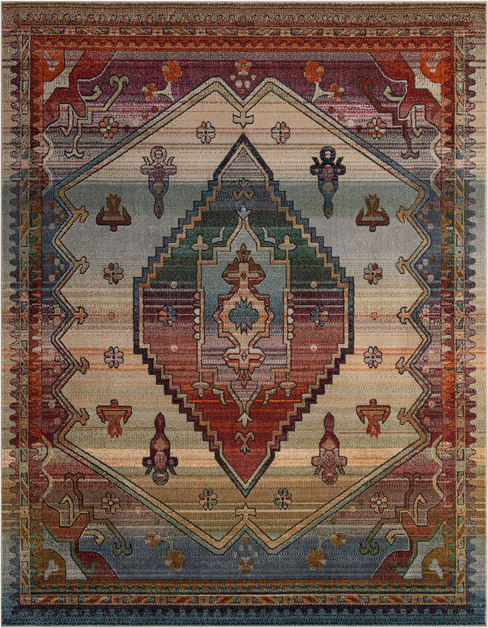 A vibrant 8x10 multi-colored rectangular rug with a traditional medallion pattern, featuring shades of red, blue, purple, and beige.