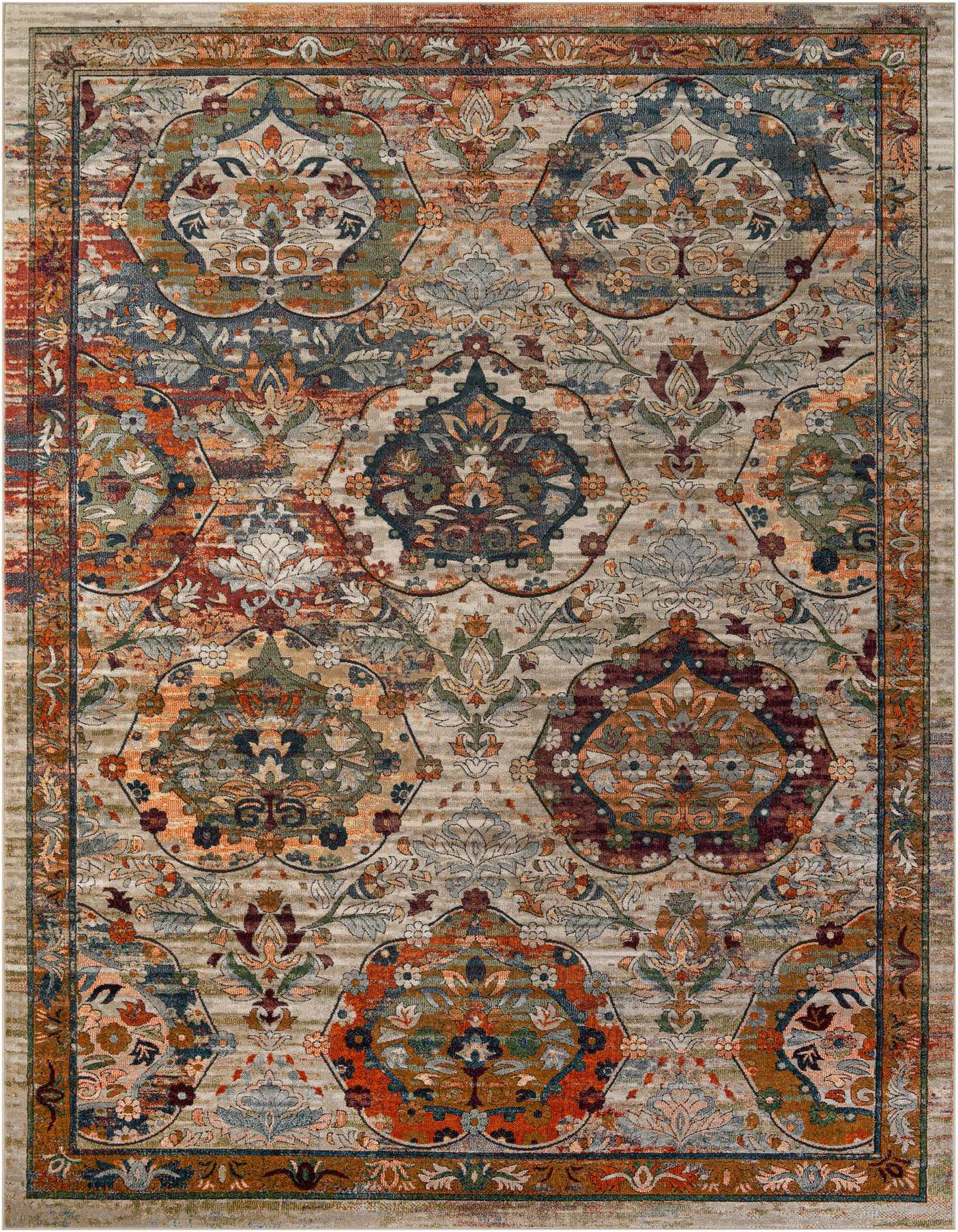 A 10x14 rectangular Isabella rug featuring a multi-colored traditional Oriental pattern with medallions and a distressed look.
