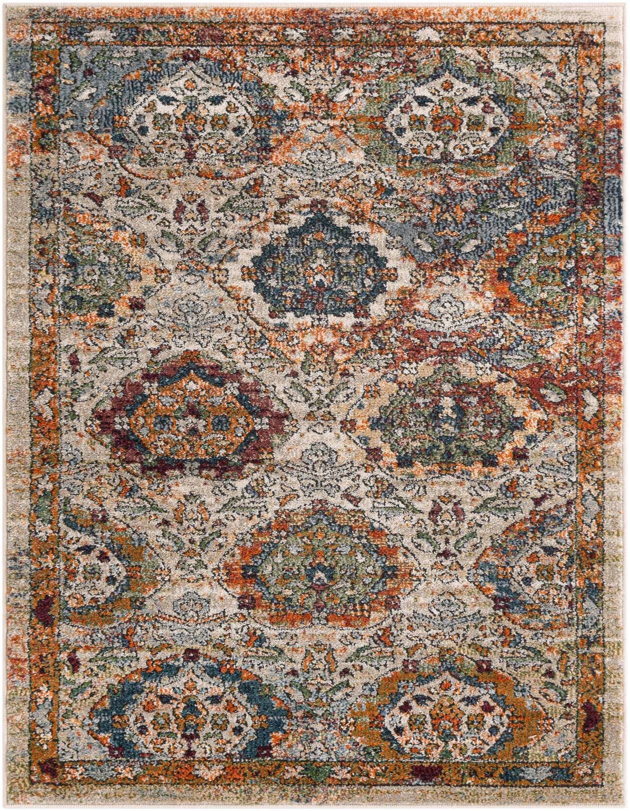 A 3x5 rectangular multi-colored rug with a distressed traditional pattern, featuring shades of blue, orange, green, and red on a light beige background.