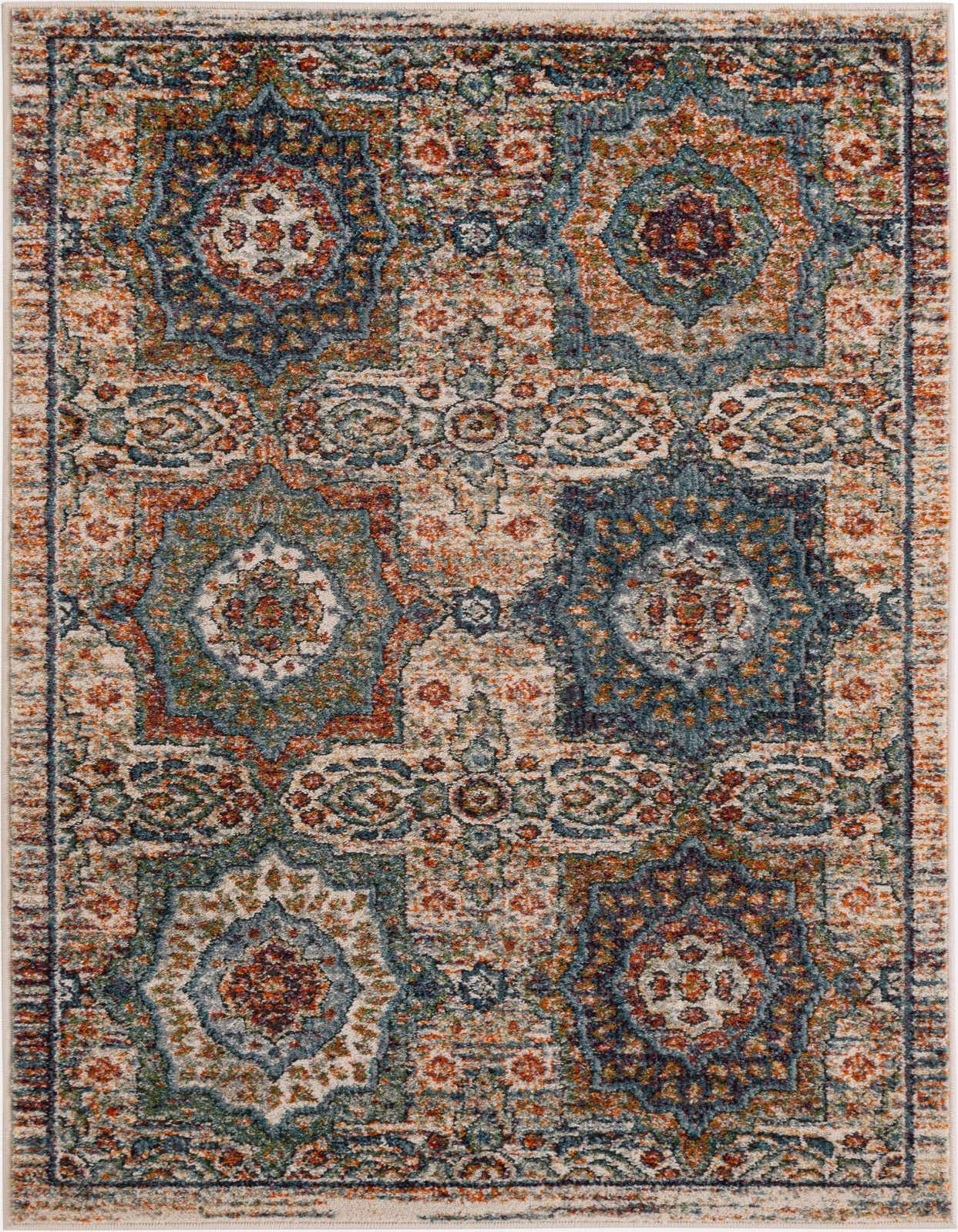 A rectangular 3x5 multi-colored rug with a distressed traditional medallion pattern in blues, oranges, and creams.