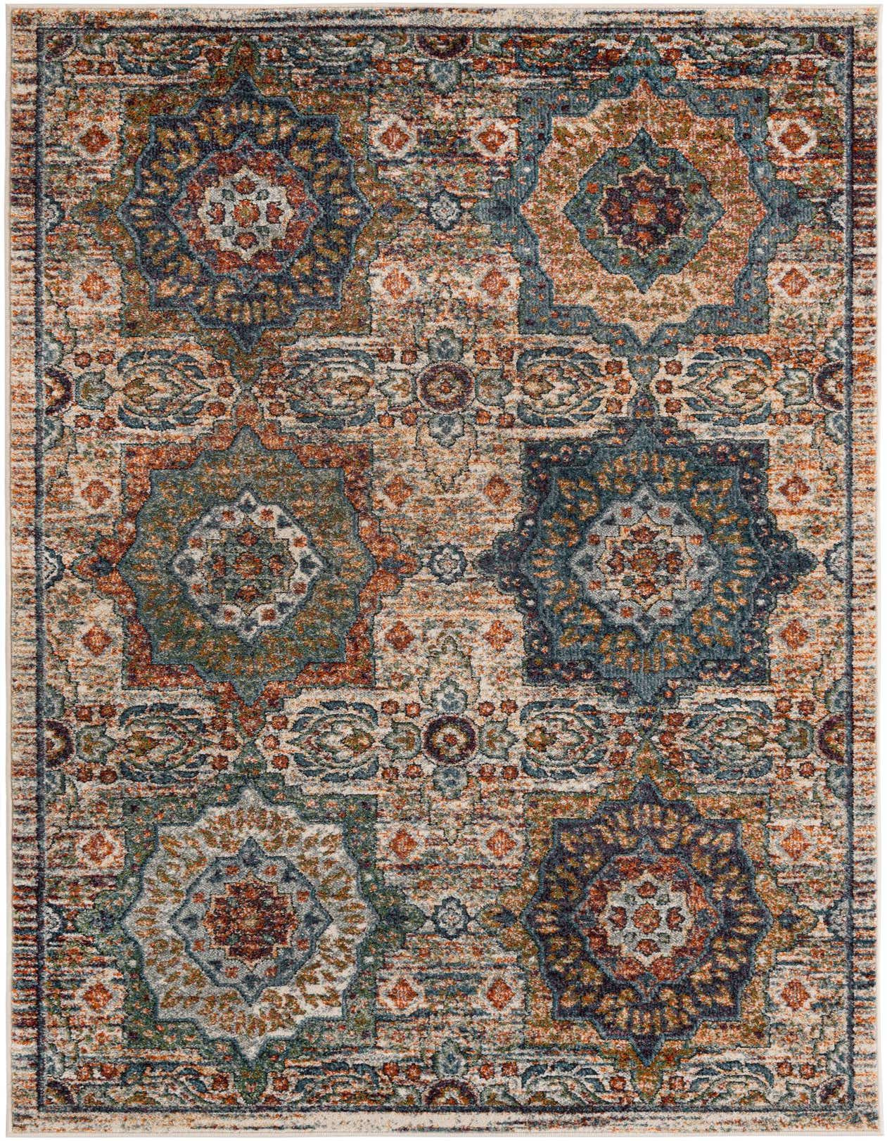A multi-colored 5x8 rectangular area rug with an intricate medallion and floral pattern in shades of blue, orange, and beige.