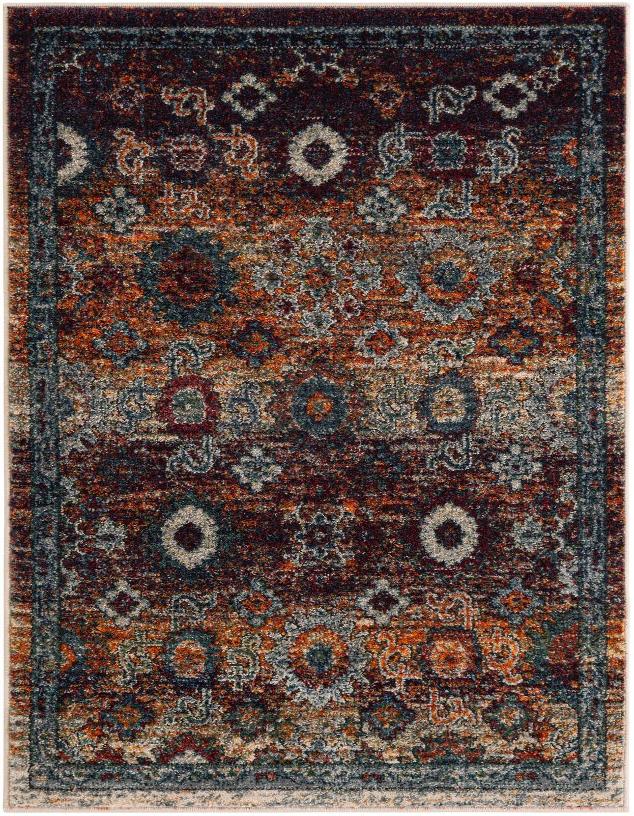 A rectangular 3x5 multi-colored rug with an intricate distressed pattern, featuring shades of red, orange, blue, and cream.