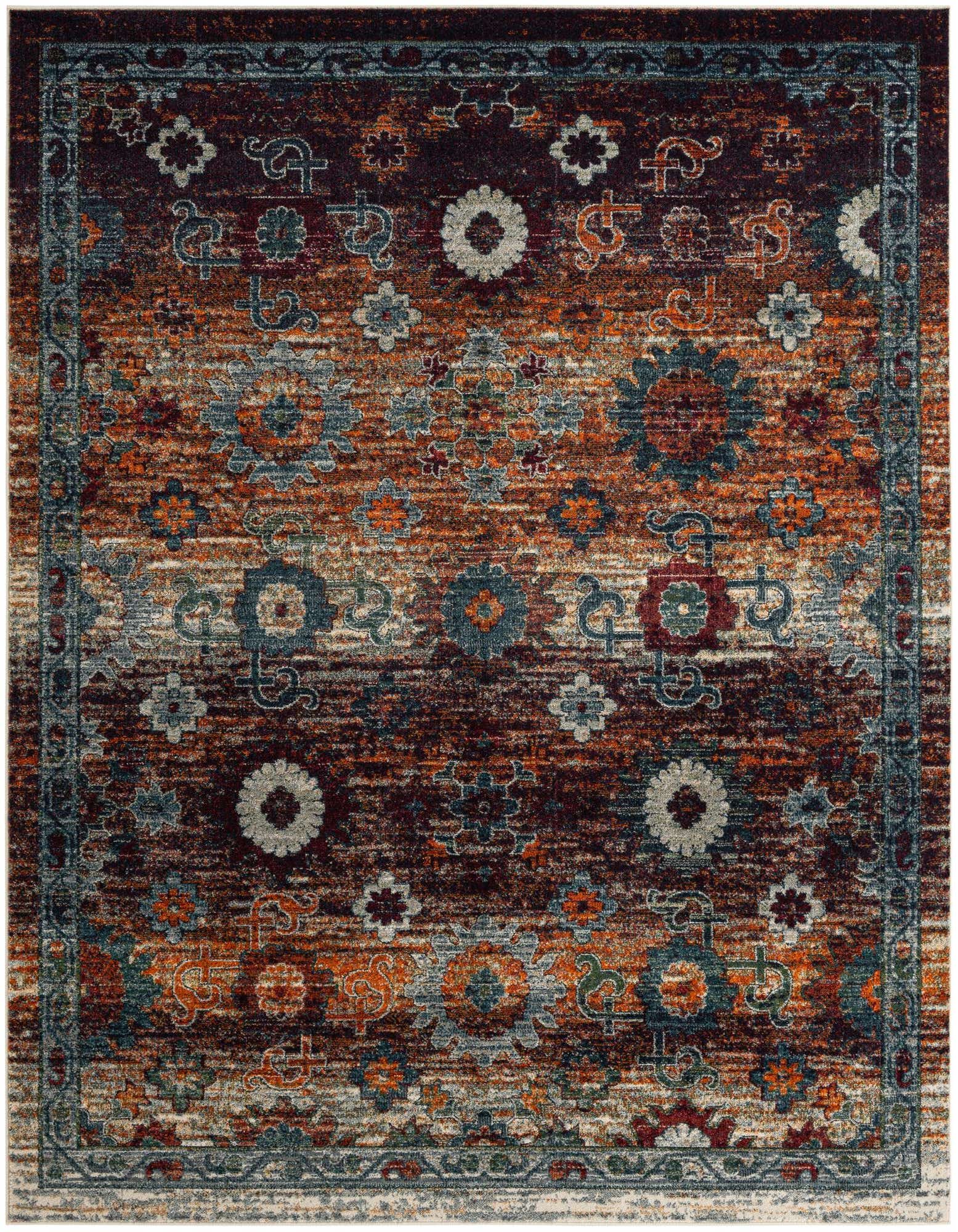 A rectangular 8x10 multi-colored area rug featuring an ornate, distressed floral and medallion pattern in shades of rust, blue, and cream.