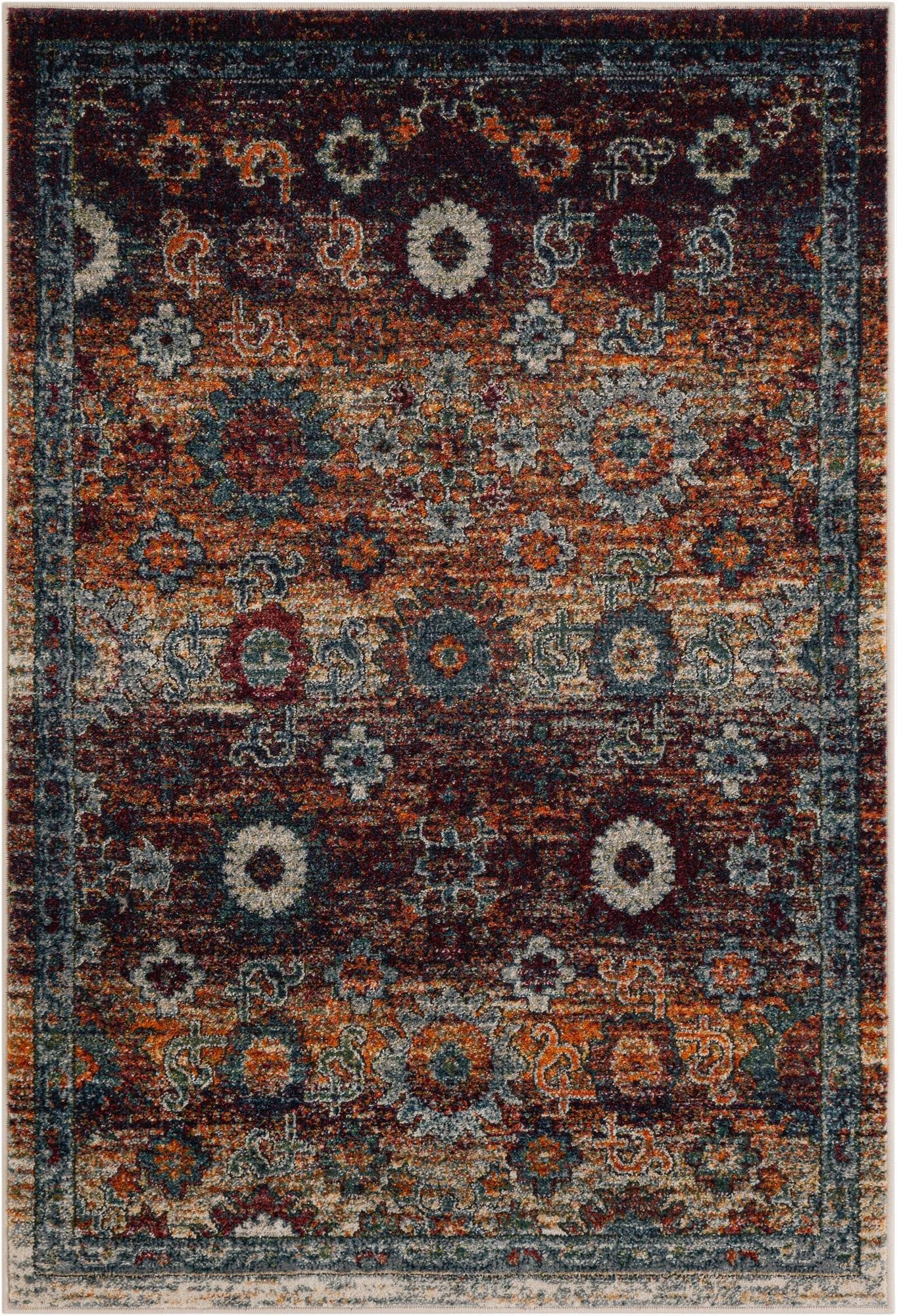 A 4x6 rectangular multi-colored rug with an intricate floral and medallion pattern in shades of red, orange, blue, and cream.
