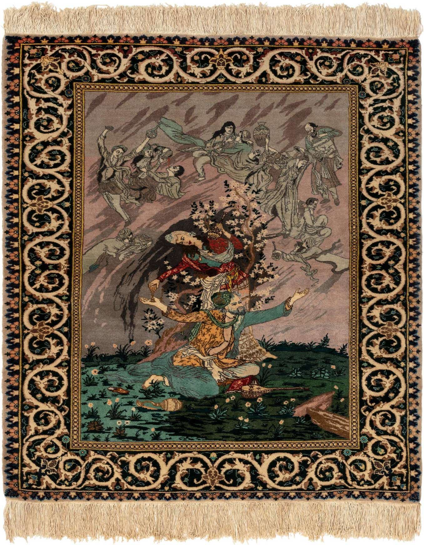 A 3x4 rectangular multi-colored Persian wool rug featuring a detailed mythological scene with figures and a tree, framed by an ornate border.