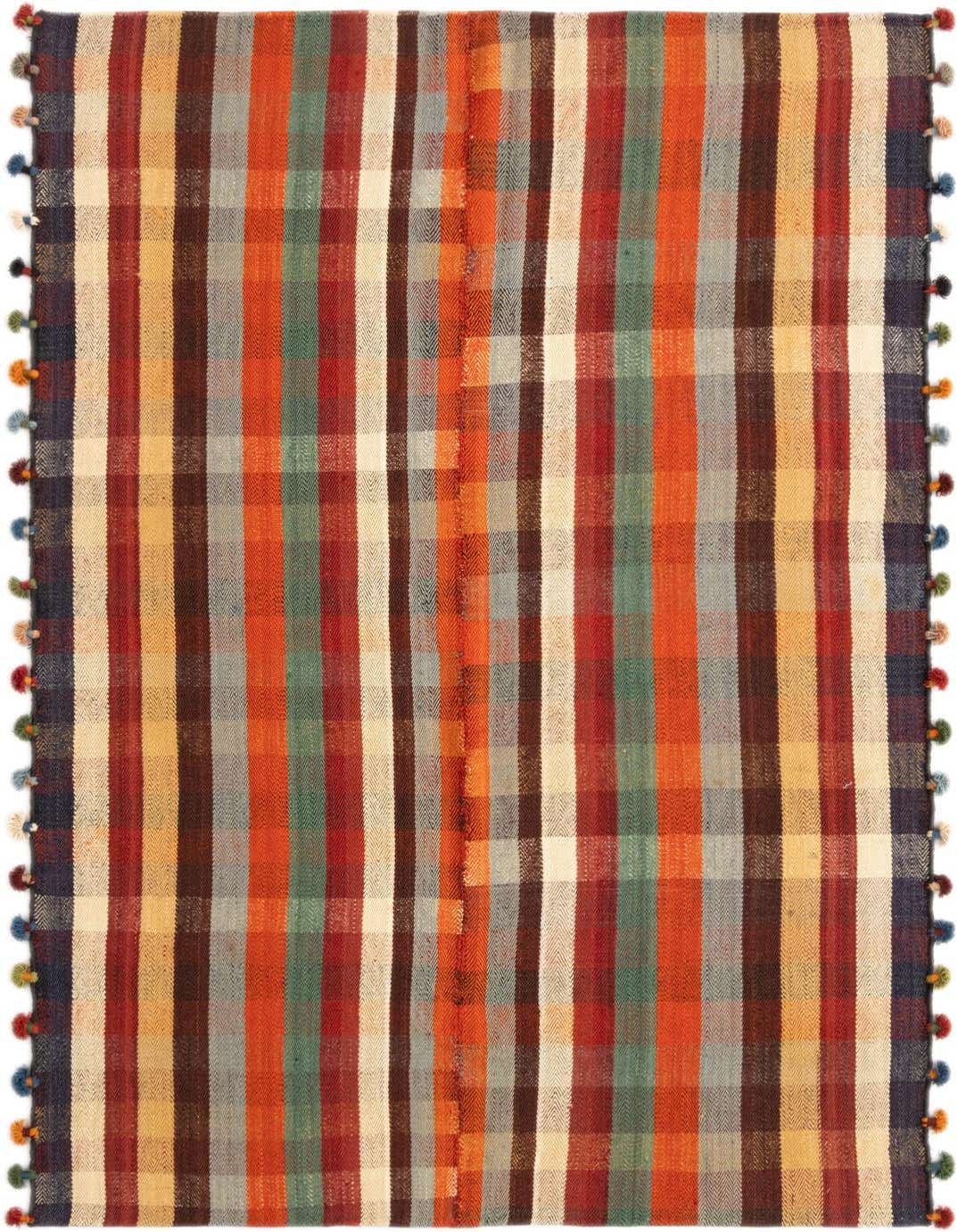 A 5x8 rectangular Jajim rug with a multi-colored Persian plaid pattern and decorative pom-pom edges.