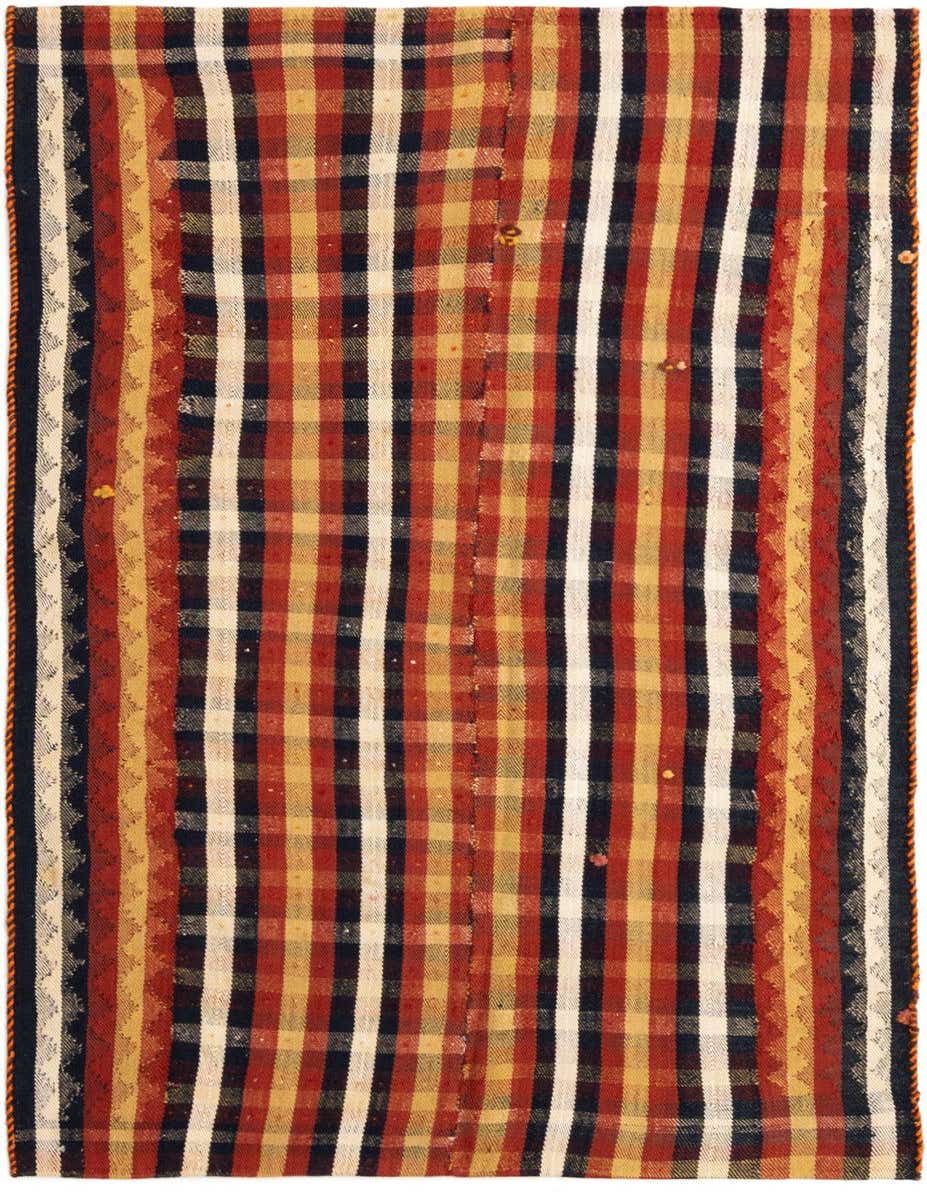 A 4x6 rectangular multi-colored Persian wool rug with a plaid and striped pattern, featuring shades of red, gold, navy, and cream.