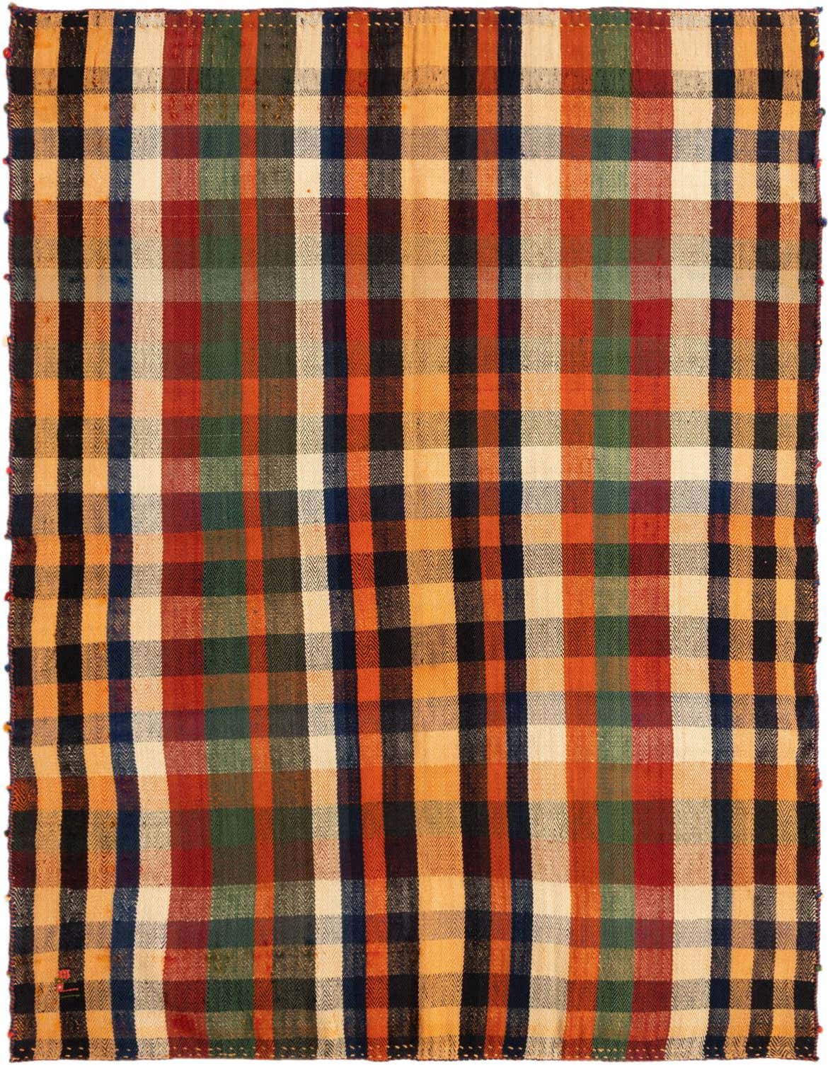 A 4x6 multi-colored Persian wool rug with a vibrant plaid pattern, featuring shades of red, orange, green, blue, black, and cream.
