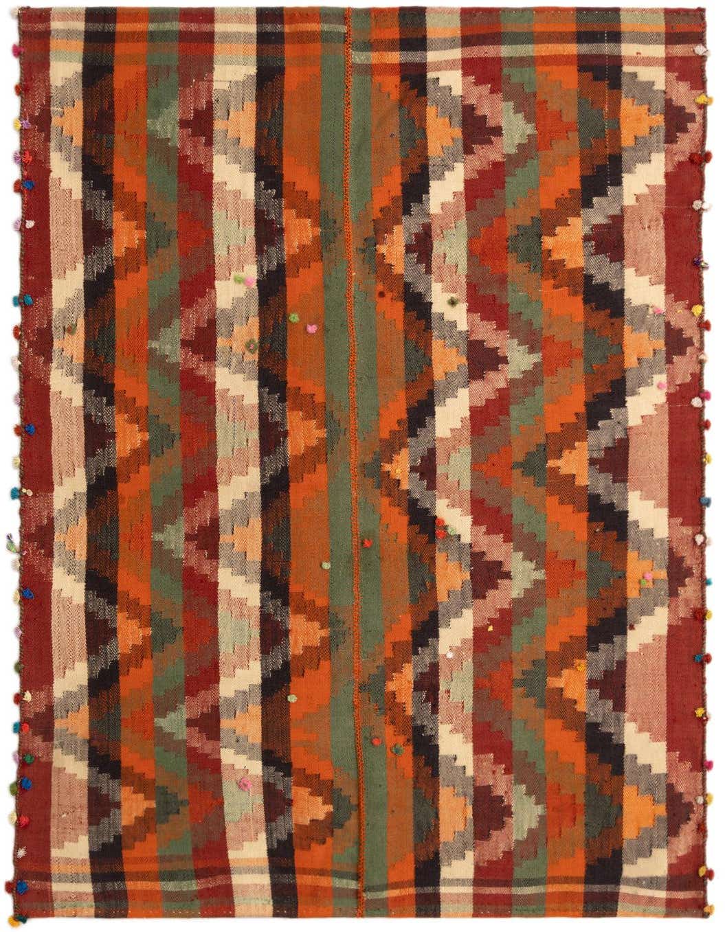 A vibrant 4x6 rectangular Jajim wool rug with a Persian pattern in multi-colored stripes and zigzags, featuring small colorful pom-poms along the edges.