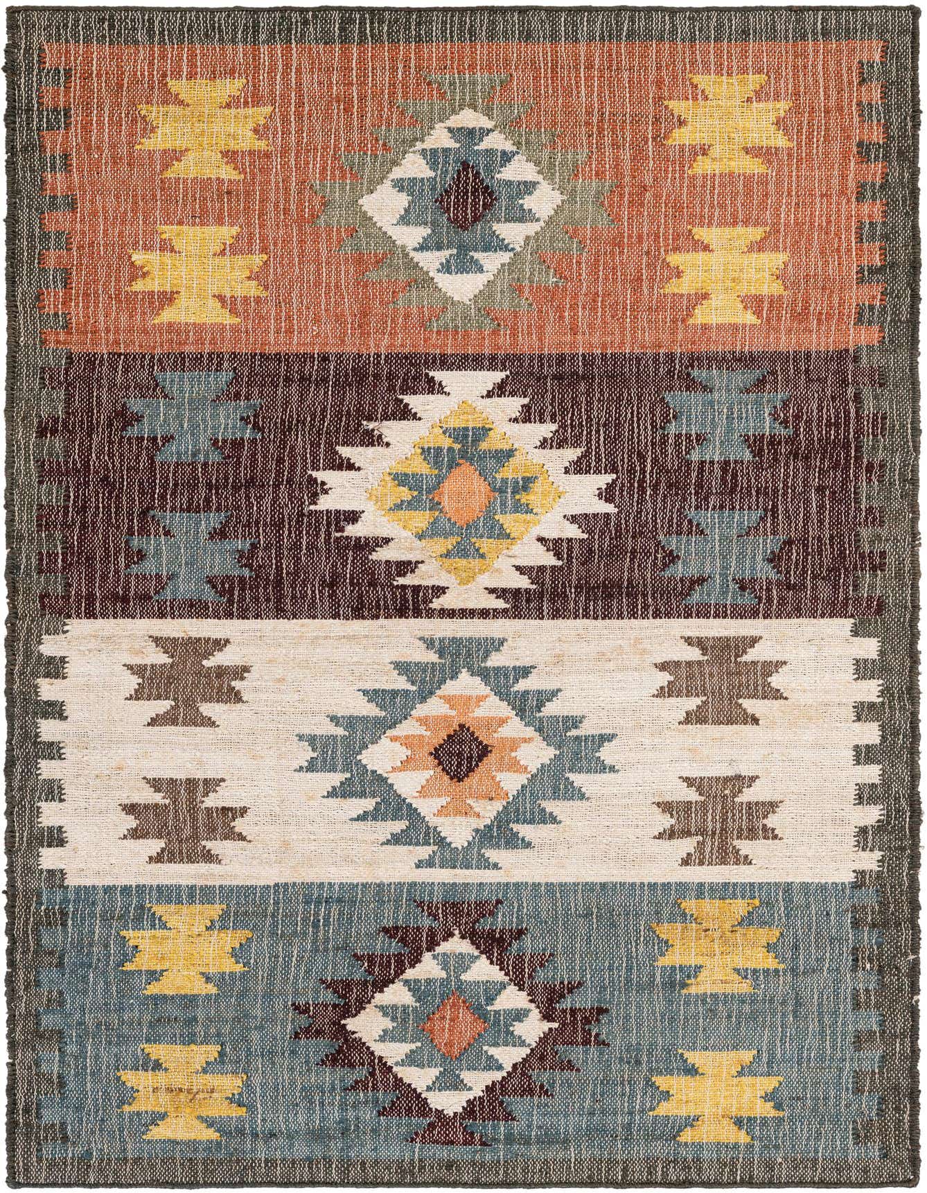 A 4x6 multi-colored rectangular rug with traditional Oriental patterns in earthy tones, ideal for an entryway.
