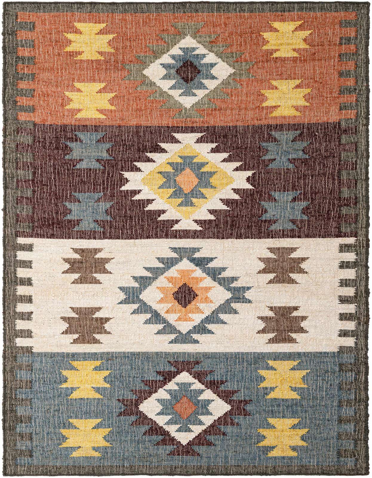 A 5x8 rectangular multi-colored rug with traditional Oriental patterns, featuring geometric diamonds and motifs in rust, blue, yellow, and brown.